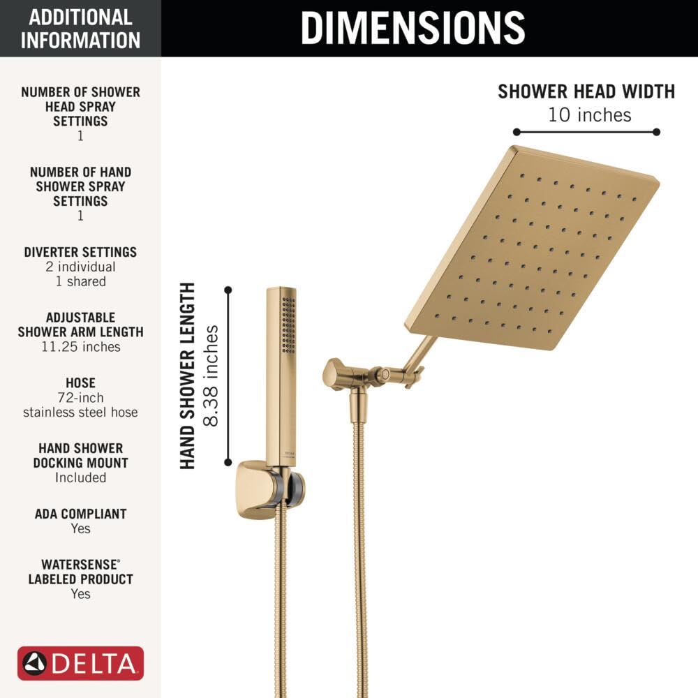Delta Faucet 10-inch Raincan Shower Head & Handheld Shower Combo - Gold Square Rainfall Shower Head with High Pressure 1.75 GPM - Champagne Bronze 75527-CZ - Perfect for Luxurious Spa-Like Bathroom Experience