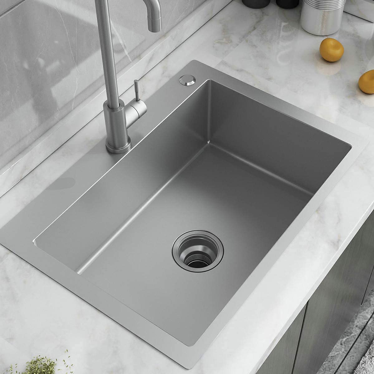 24Inx18In Stainless Steel Kitchen Sink - 12 Gauge Brushed Single Bowl Drop-in/Top-Mount with Faucet & Drain Kit (Model BS29) - Perfect for Small Kitchens, Apartments & RV Remodels