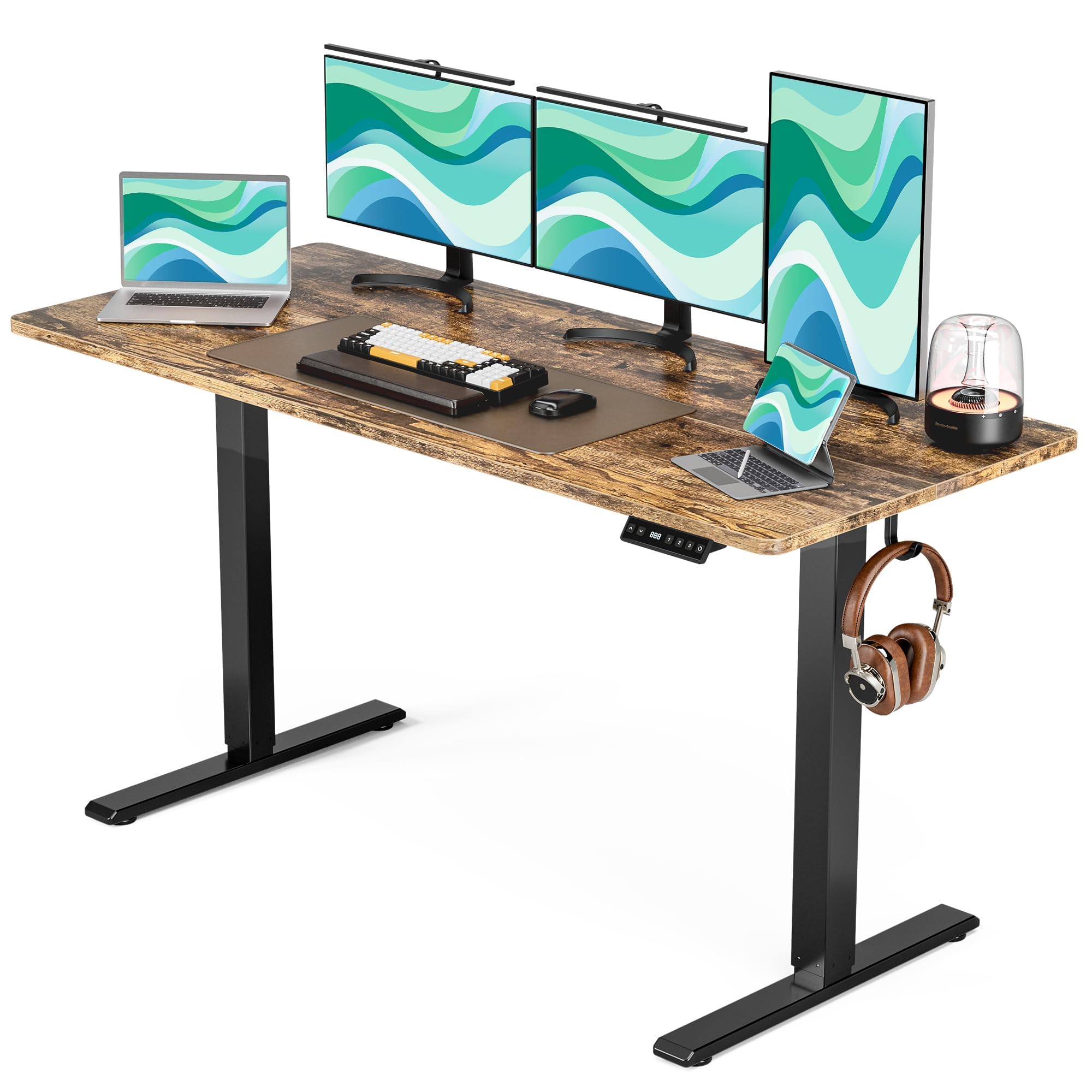 Electric Standing Desk 55 x 24 Inches - Height Adjustable Sit Stand Desk with 3 Memory Presets & Splice Board, Rustic Brown Desktop - Perfect for Home Office, Gaming & Workspace Ergonomics