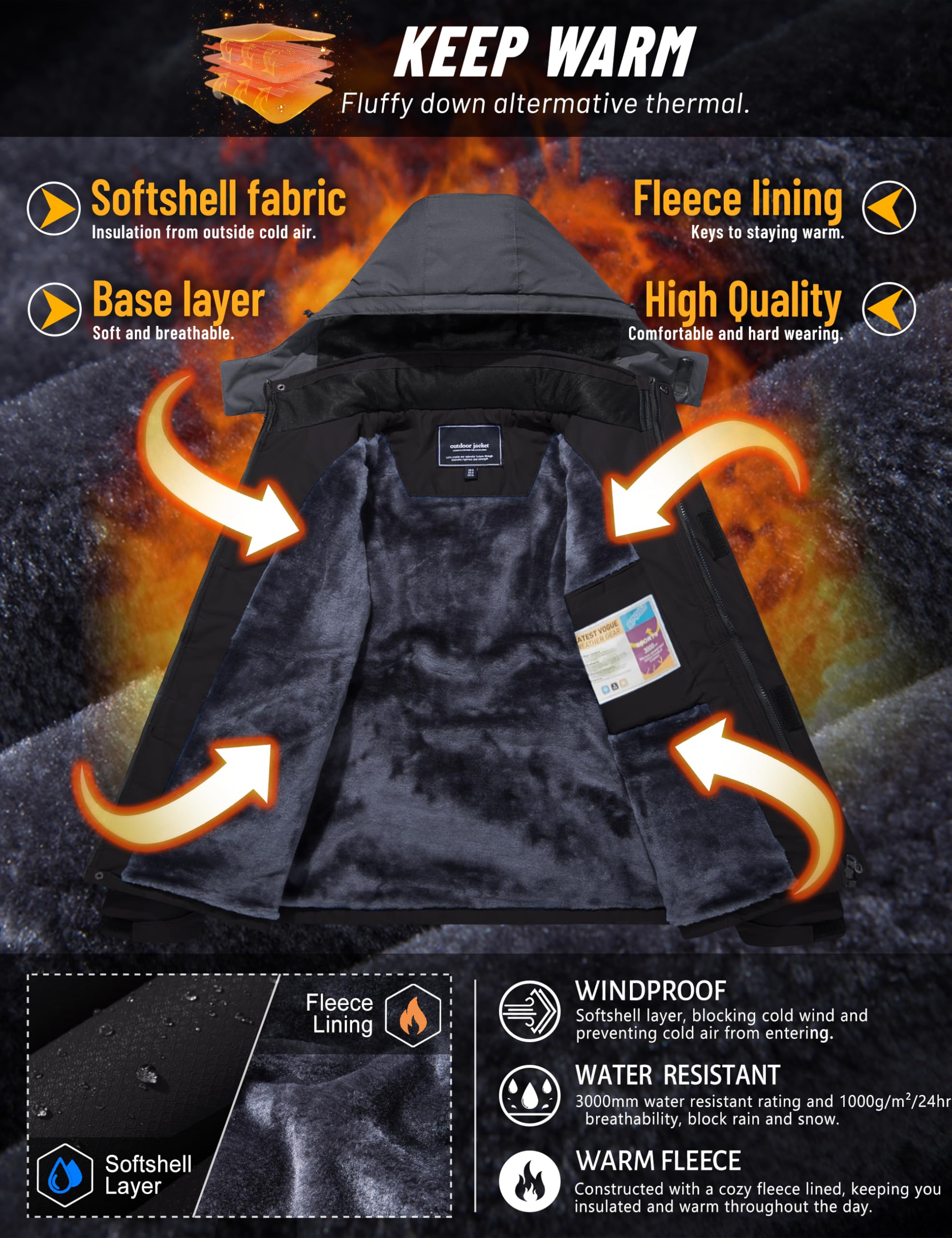 TACVASEN Men's Water-Resistant Fleece Winter Jacket - Military Tactical Snow Ski Coat with Hood for Outdoor Hiking, Camping & Cold Weather Protection