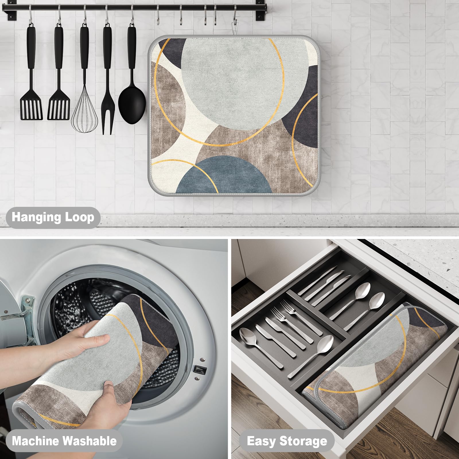 Rnivvi Marble Style Microfiber Dish Drying Mat - 16 x 18 Inch Water Absorbent Kitchen Counter Mat with Hanging Loop - Cute Abstract Art Design for Dishes, Utensils & Cookware - Perfect for Kitchen Countertops, Dining Tables & Drying Racks