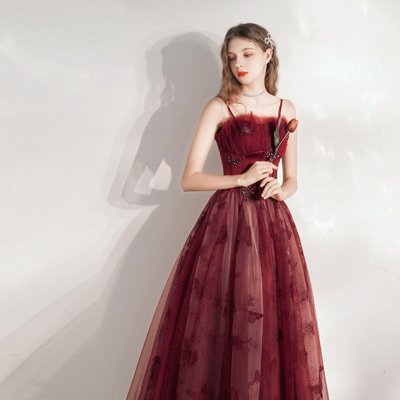 Elegant Burgundy Spaghetti Strap Tulle Prom Dress with Lace Up Back - Formal Evening Gown for Homecoming, Wedding, and Special Occasions - Size 48