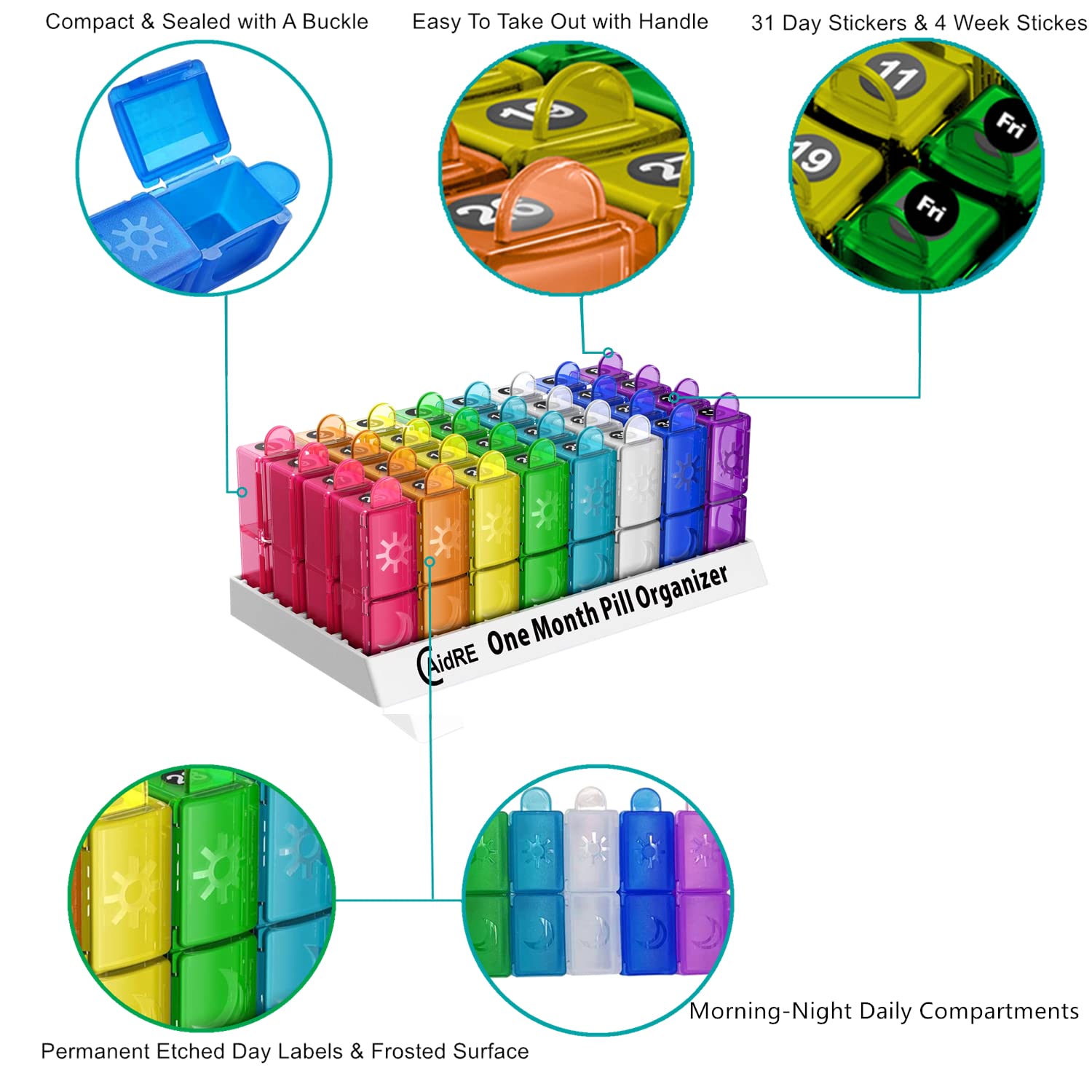 CAidRE 30-Day AM/PM Pill Organizer - 31 Compartments for Daily Vitamins, Fish Oil & Supplements | Perfect for Travel, Medication Management & Weekly Pill Dispenser