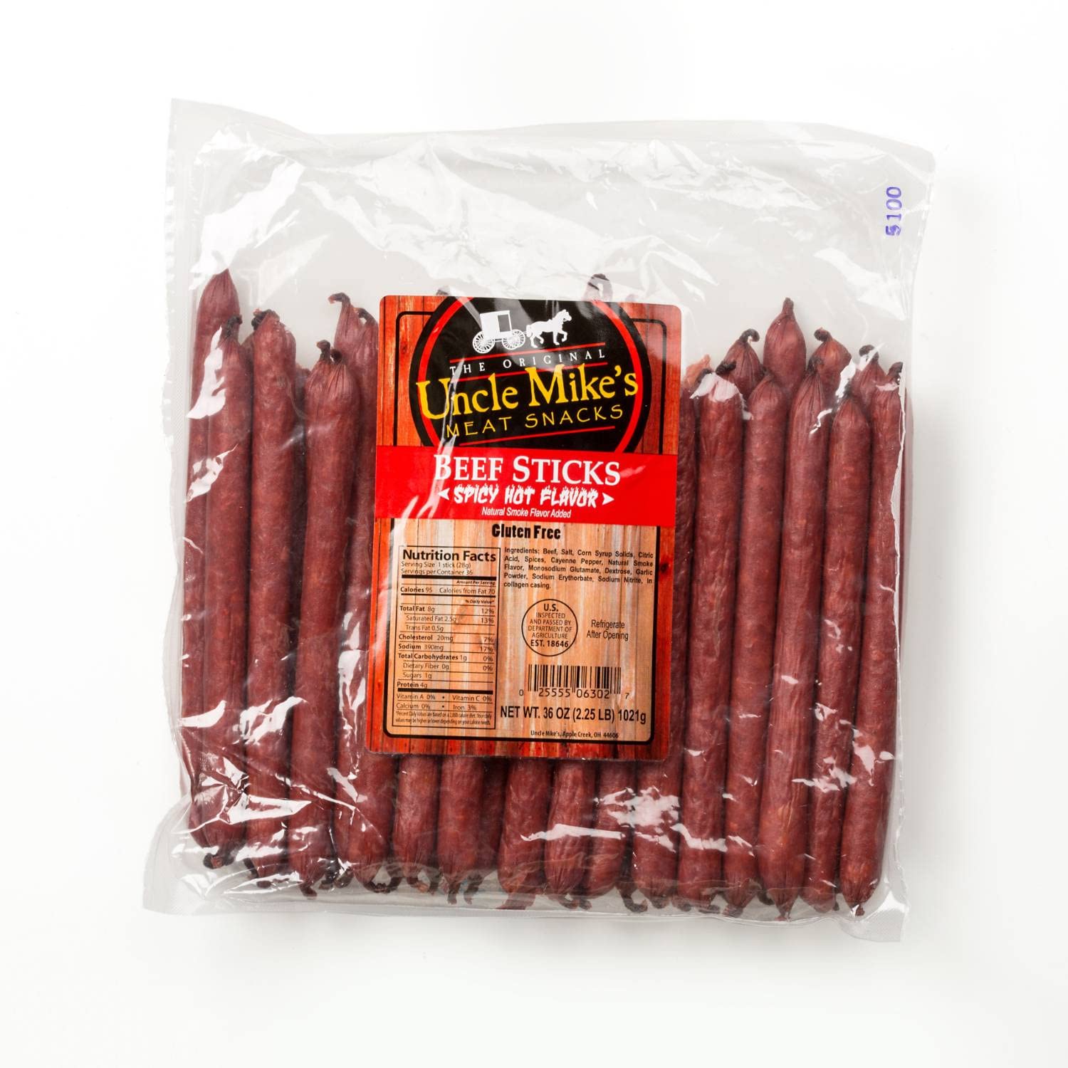 Uncle Mike's Original Beef Sticks - Gluten Free Meat Snacks, Spicy Hot Flavor (36 Pack) | High Protein Keto Snacks for Hiking, Camping & Road Trips