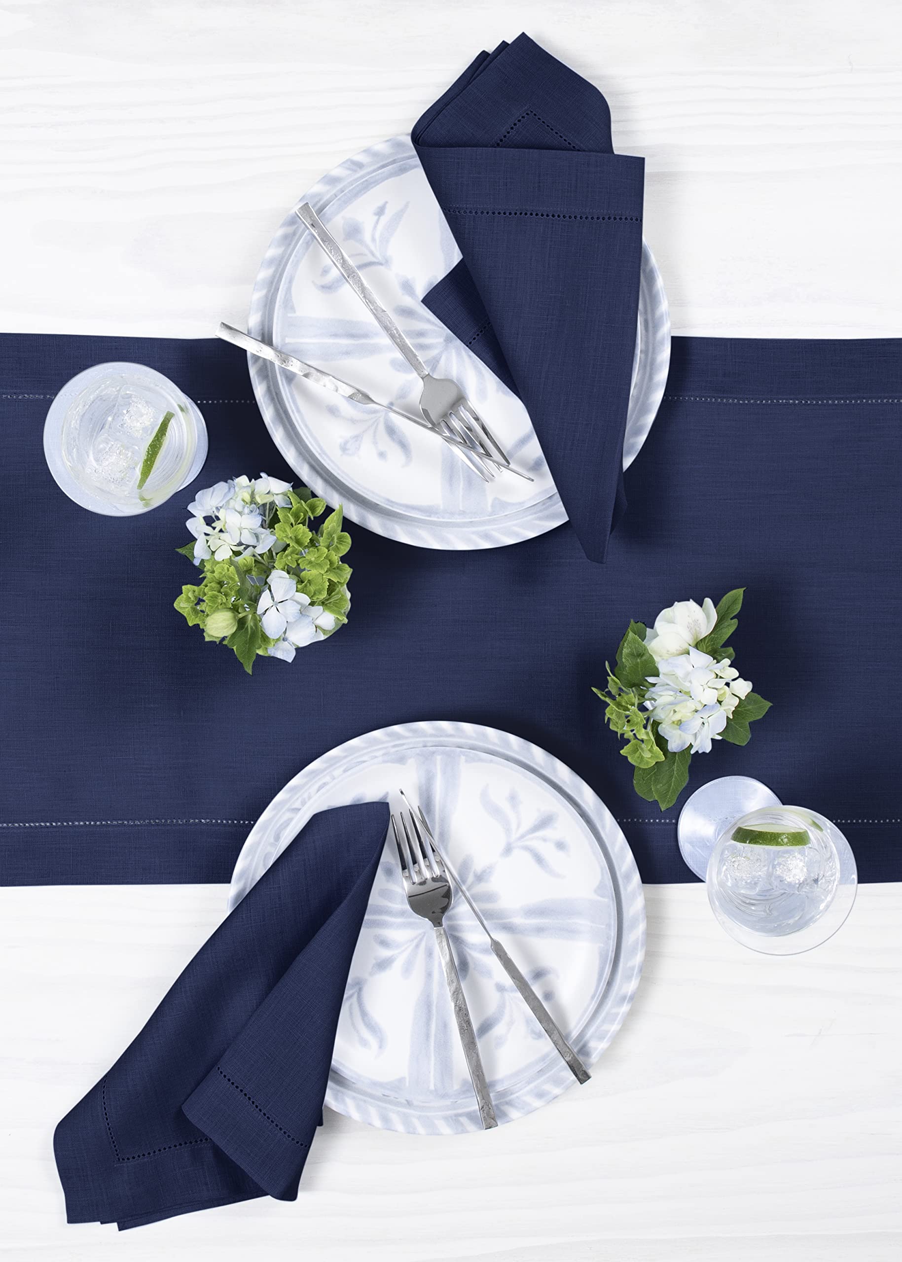 Solino Home 100% Pure Linen Table Runner 16 x 108 Inches - Classic Hemstitch Navy Blue Dining Tablecloth for Wedding, Party & Holiday Decor (Easter, Mother's Day, Spring) - Elegant Table Setting for Formal Dinners & Special Occasions