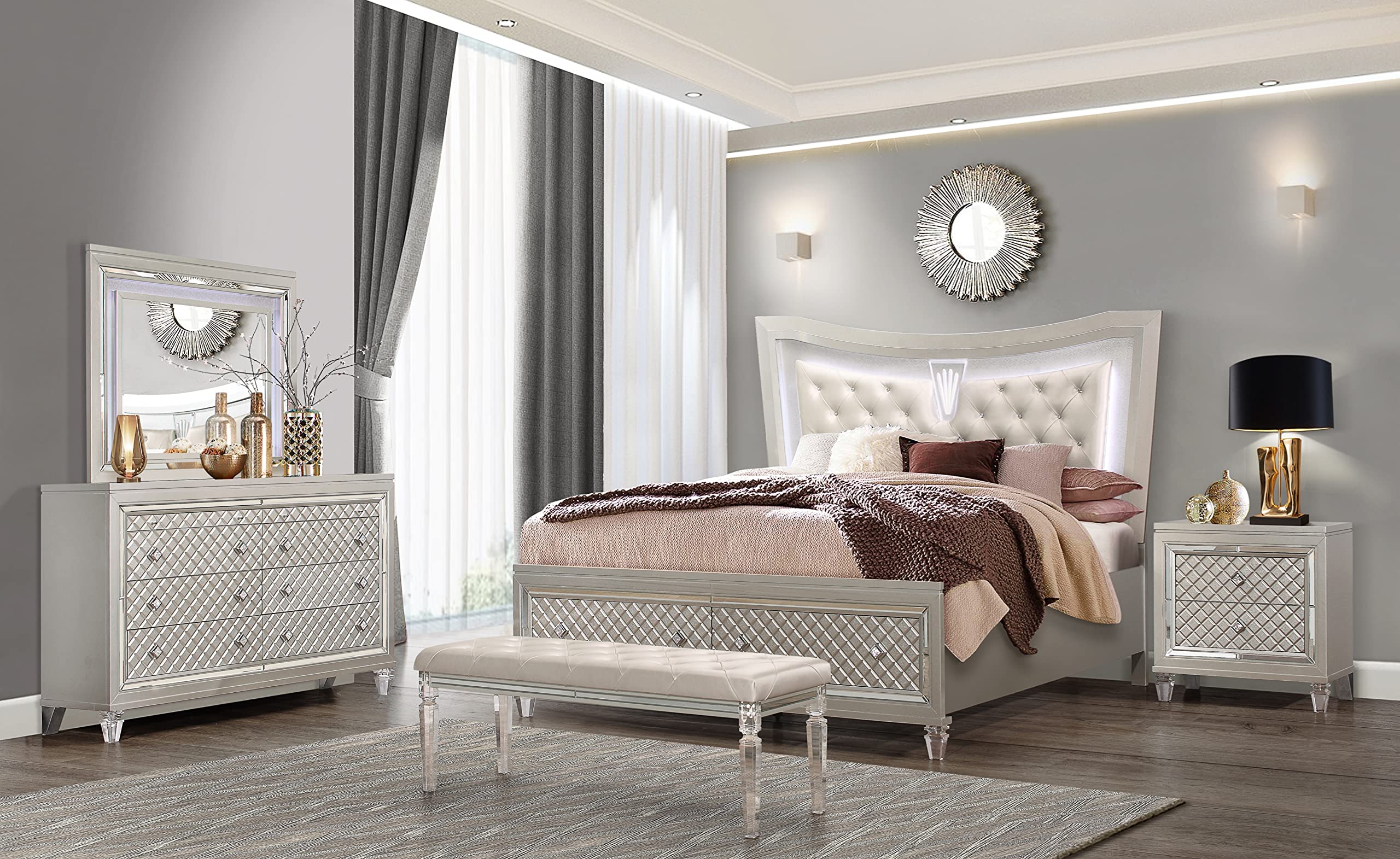 Global Furniture USA Paris Champagne King Size Bed Frame - Luxury Bedroom Furniture for Master Suite & Guest Room Decor