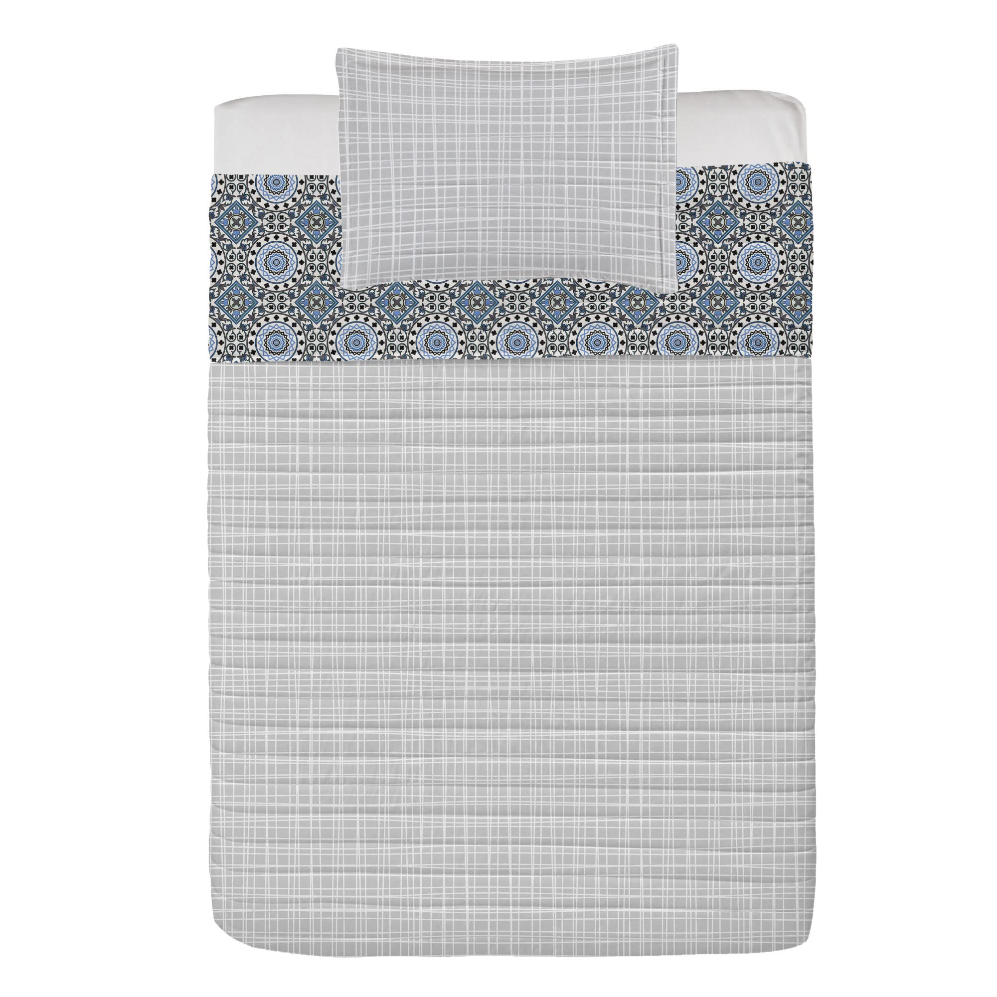 Ambesonne Reversible Bedspread Set - Twin Size, Retro Mosaic Ceramic Design, Ethnic Print Microfiber Bedding with Pillow Shams, White Grey Blue | Bohemian Home Decor, Bedroom Upgrade, Guest Room Essentials