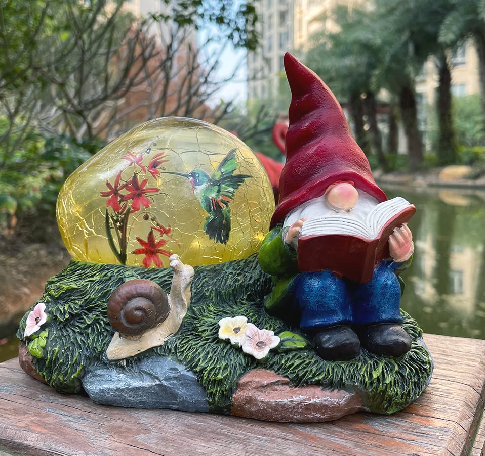Solar Powered Garden Gnome with Red Hat & Snail - LED Solar Light Outdoor Decor, Weatherproof Resin Lawn Ornament for Yard, Patio & Garden Decorations - Perfect for Backyard, Flower Beds & Pathway Lighting