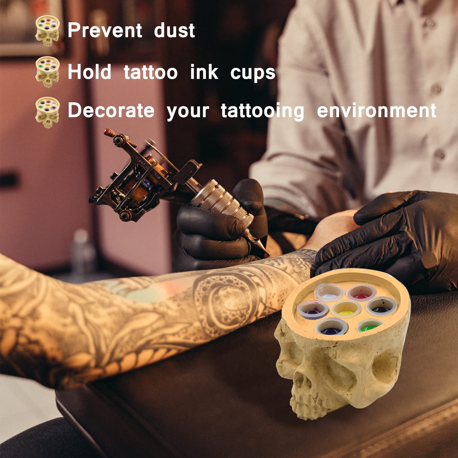 CINRA 7-Hole Tattoo Ink Cup Holder Stand - Hard Resin Skull Design for Permanent Makeup & Tattoo Pigment Organization - Perfect for Tattoo Artists & Cosmetic Professionals