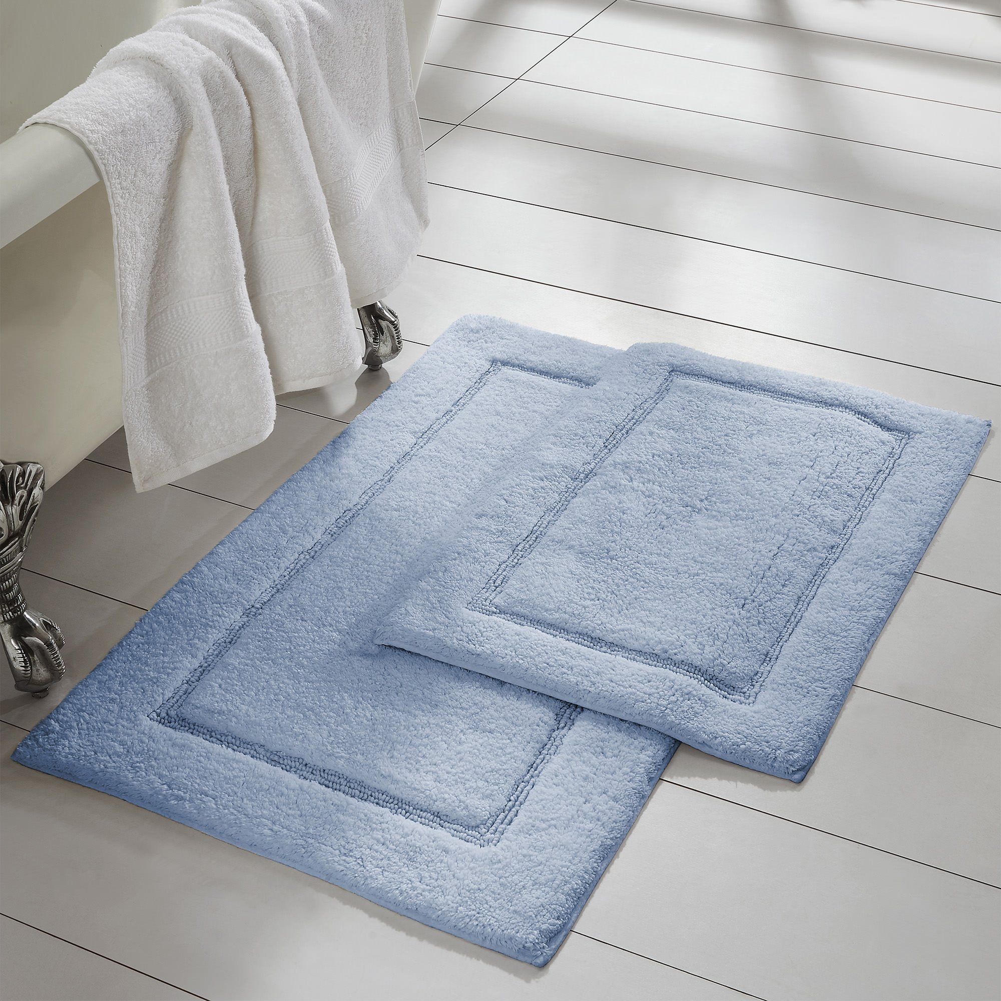 Non-Slip Bath Mat Set - 2 Pack Solid Loop Backing (17x24 & 21x34 Inches) Light Blue - Soft Absorbent Bathroom Rug for Shower, Tub & Vanity Area
