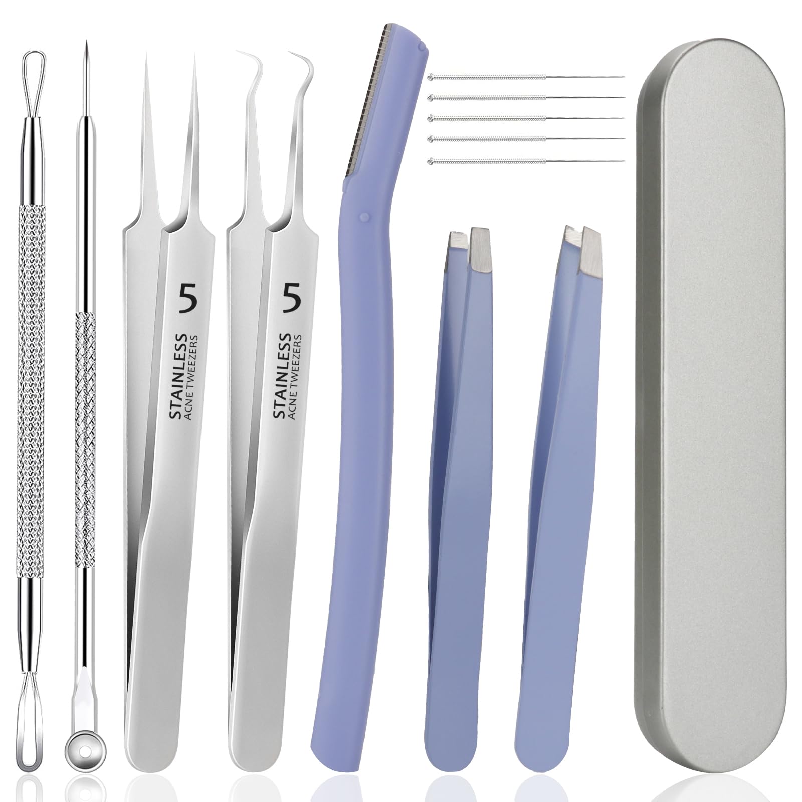 WSYUB Blackhead & Ingrown Hair Tweezers Kit - Professional Pimple Popper Tool, Acne Needle & Blackhead Extractor with Eyebrow Razors - Perfect for Facial Care, Blemish Removal & Grooming at Home or Salon