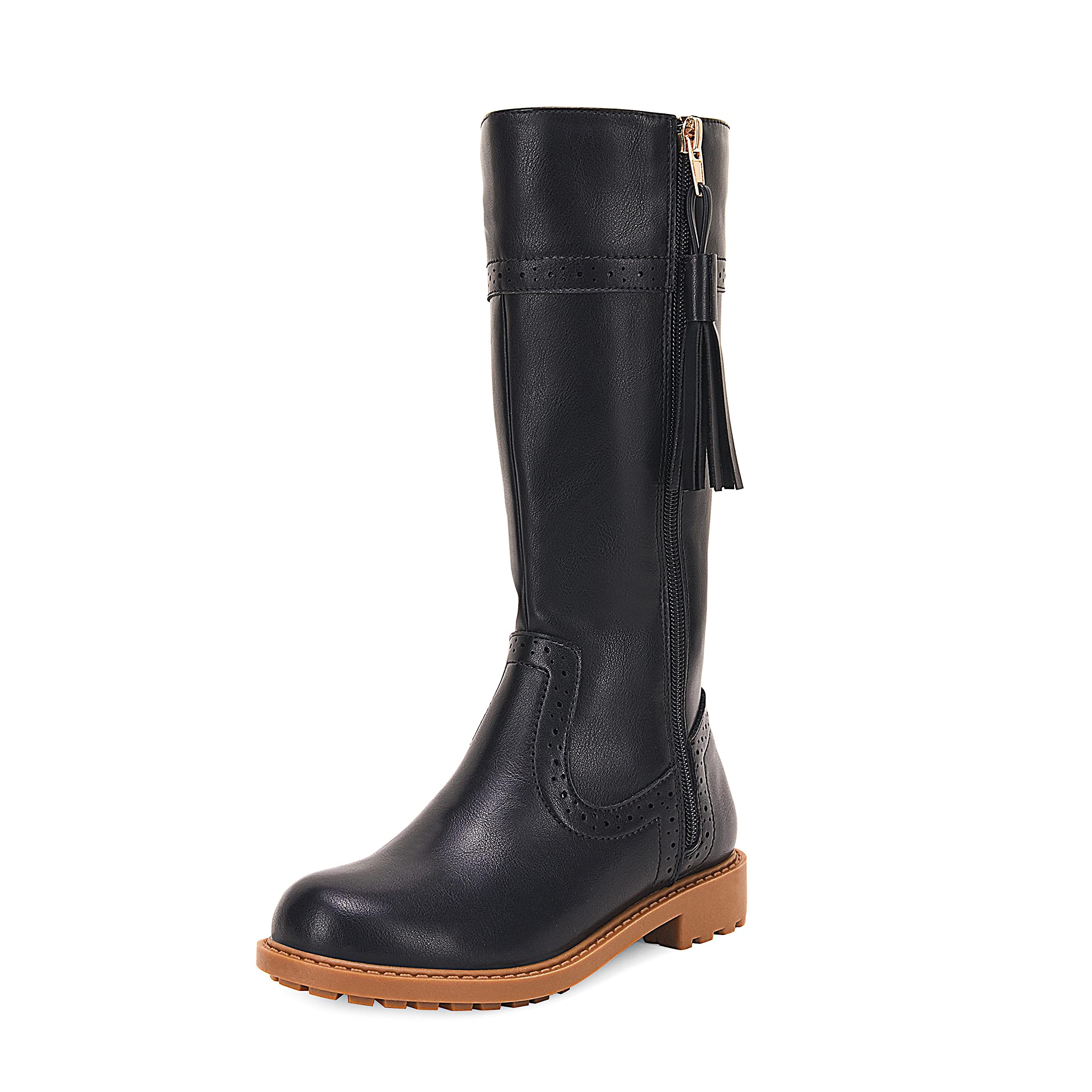 Girls' Flat Knee High Boots with Tassel & Side Zipper - Brogue Round Toe Rubber Sole Riding Shoes for Toddler/Little Kid/Big Kid - Perfect for School, Riding, and Winter Fashion
