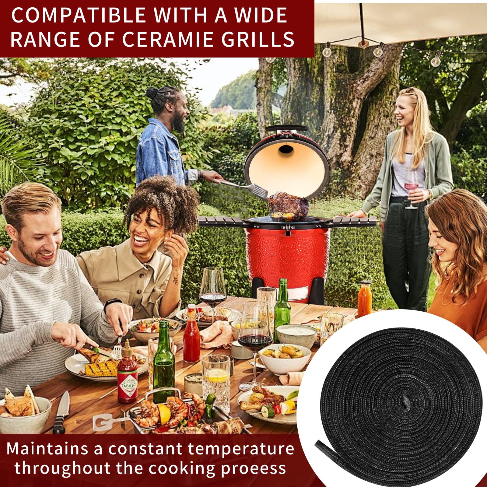 Kamado Joe Classic Grill Smoker Gasket Seal - 150 Inch High Temperature Fiberglass Wire Mesh Gasket Replacement Kit with Self-Adhesive - Perfect for BBQ, Smoking, and Outdoor Cooking