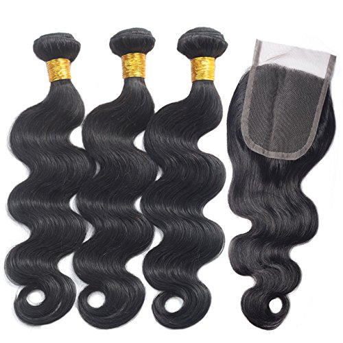 Badshop 8A Peruvian Virgin Human Hair Bundles with Lace Closure - 3 Bundles & 4x4 Lace Closure, Body Wave, Natural Color (8,10,12 Inch) for Weaving, Styling & Protective Hairstyles