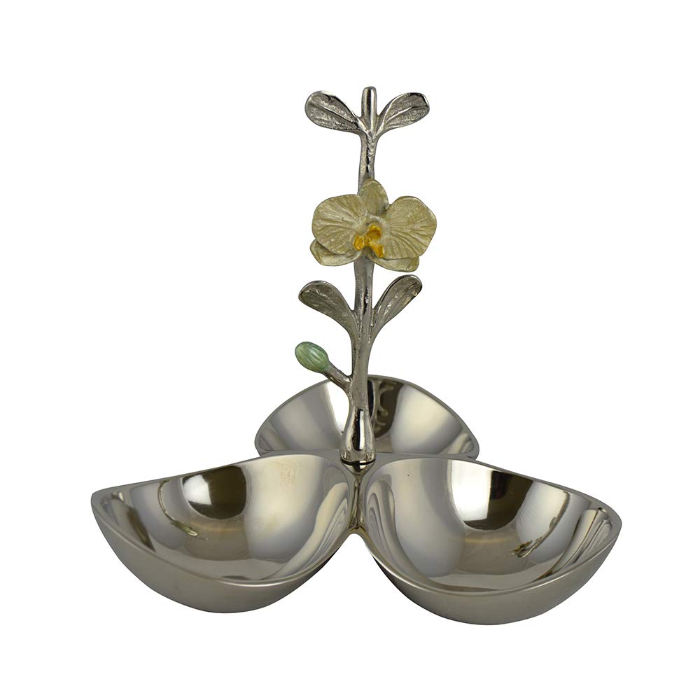 Silver Metal Candy Dish with 3 Sections - Elegant Nut Bowl for Home Decor, Perfect for Parties, Weddings & Orchid Themed Events