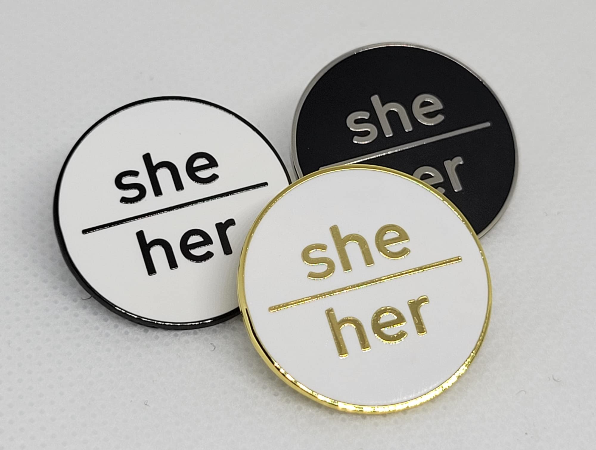 She/Her Enamel Pin - White & Gold Minimalist Pronoun Button for Pride & Work