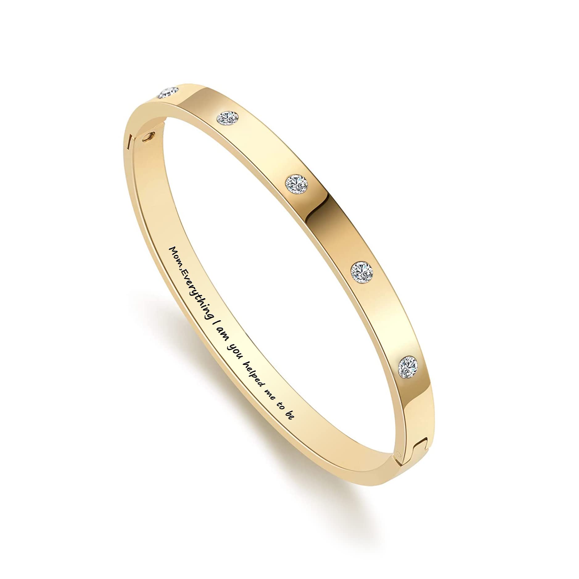 18K Gold Plated Stainless Steel Personalized Inspirational Bangle Bracelet for Women & Teen Girls with Cubic Zirconia Stones - Elegant Oval Jewelry Gift for Birthday, Anniversary & Special Occasions