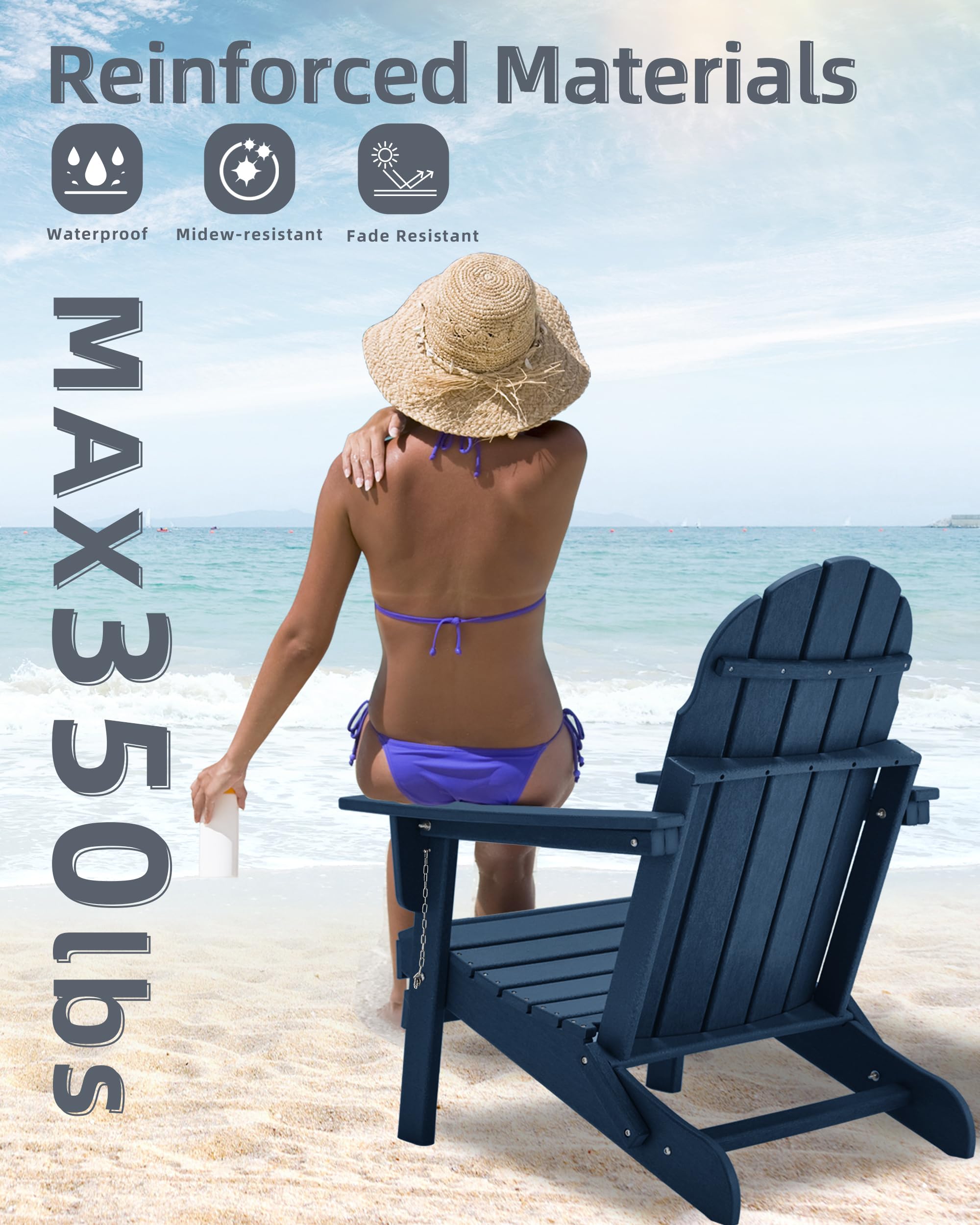 **HDPE All-Weather Folding Adirondack Chair - Navy Blue - Outdoor Fire Pit Seating, Patio, Garden, Deck & Poolside Relaxation**
