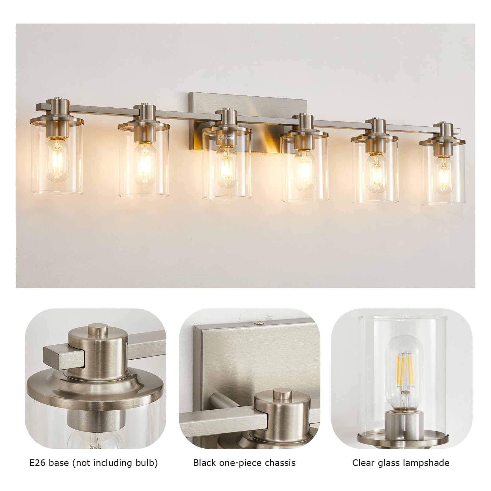 Brushed Nickel Bathroom Vanity Light Fixture - 6-Light Wall Sconce with Clear Glass Shade for Bathroom Mirror Lighting | Perfect for Modern Home Decor & Spa-Like Ambiance