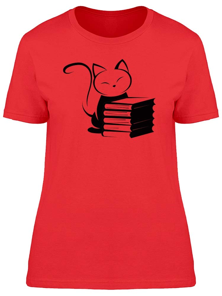 Stylish Women's Cute Cat with Books Graphic T-Shirt - Perfect for Casual Wear, Book Lovers & Cat Enthusiasts