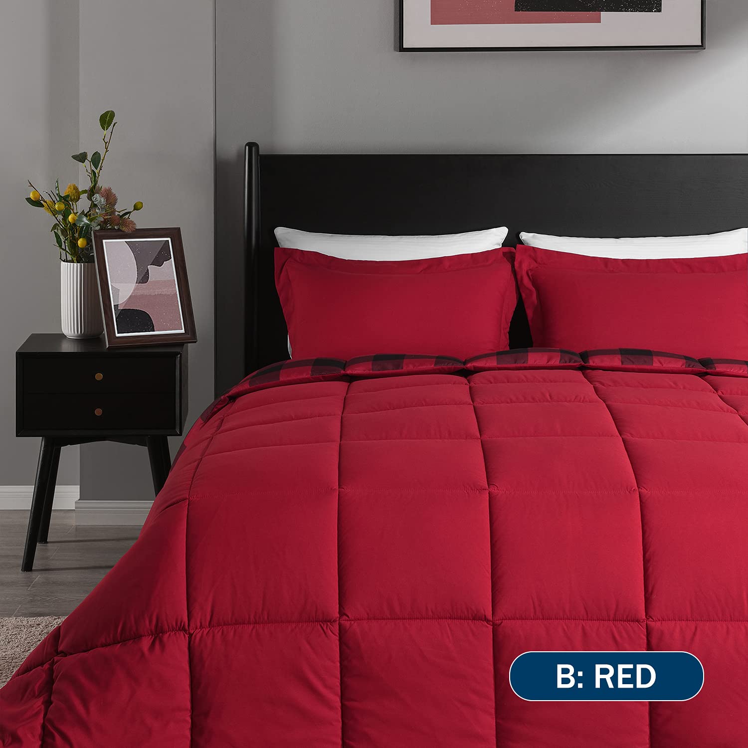 Downluxe Lightweight Plaid Comforter Set Queen Size - 3-Piece Reversible Down Alternative Bedding with 2 Pillow Shams - Red Black Checkered Pattern - Cozy All-Season Comforter for Bedroom, Guest Room & Dorm