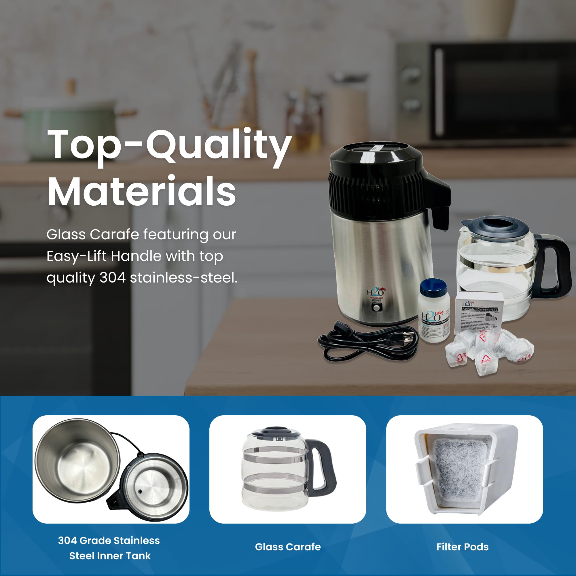 H2O Labs Premium Stainless Steel Countertop Water Distiller with 1 Gallon Glass Carafe - Pure Distilled Water Maker for Home, Office, and RV Use - Includes Porcelain Nozzle & High-Efficiency Heating Element - Model 300SS - Perfect for Drinking, Cooking, and Baby Formula Preparation