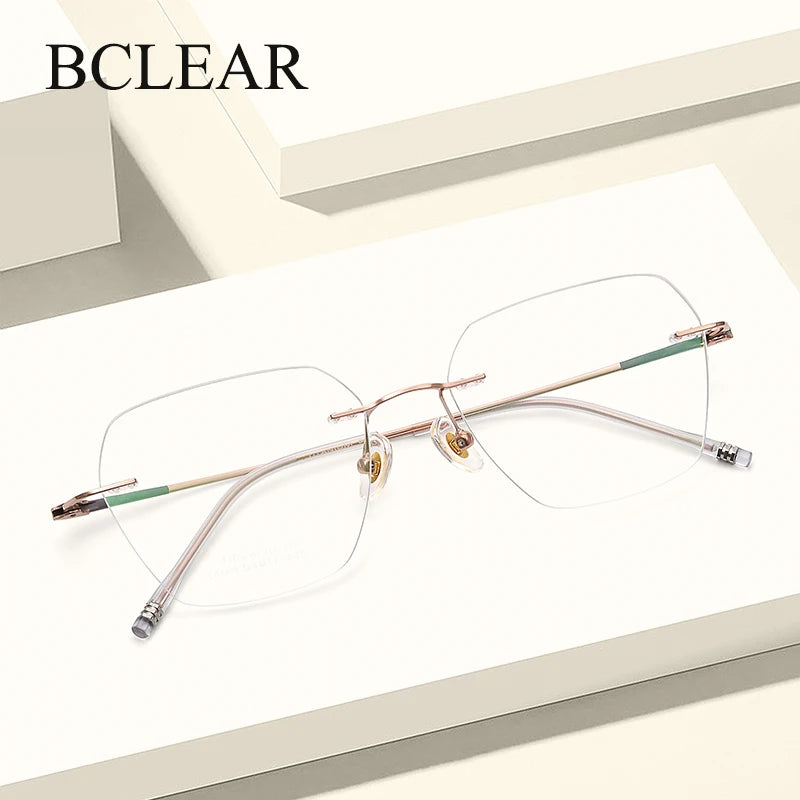 Bclear Women's Rimless Polygon Cat Eye Titanium Eyeglasses Frame 46074 - Lightweight & Durable for Work, Reading & Fashion