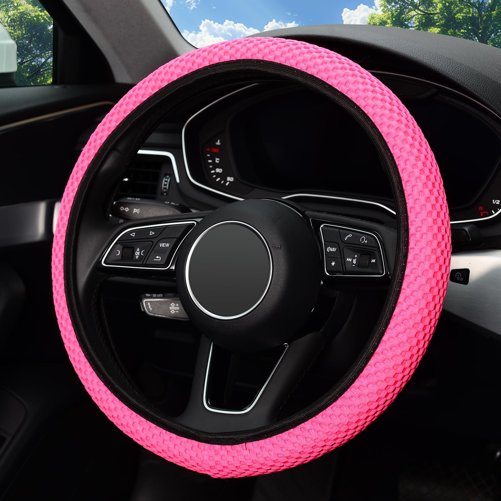 LABBYWAY Microfiber Car Steering Wheel Cover - Universal 15 Inch Elastic Stretch Steering Wheel Cover for Comfort (Pink) | Keeps Hands Warm in Winter & Cool in Summer | Perfect for Daily Commuting & Road Trips