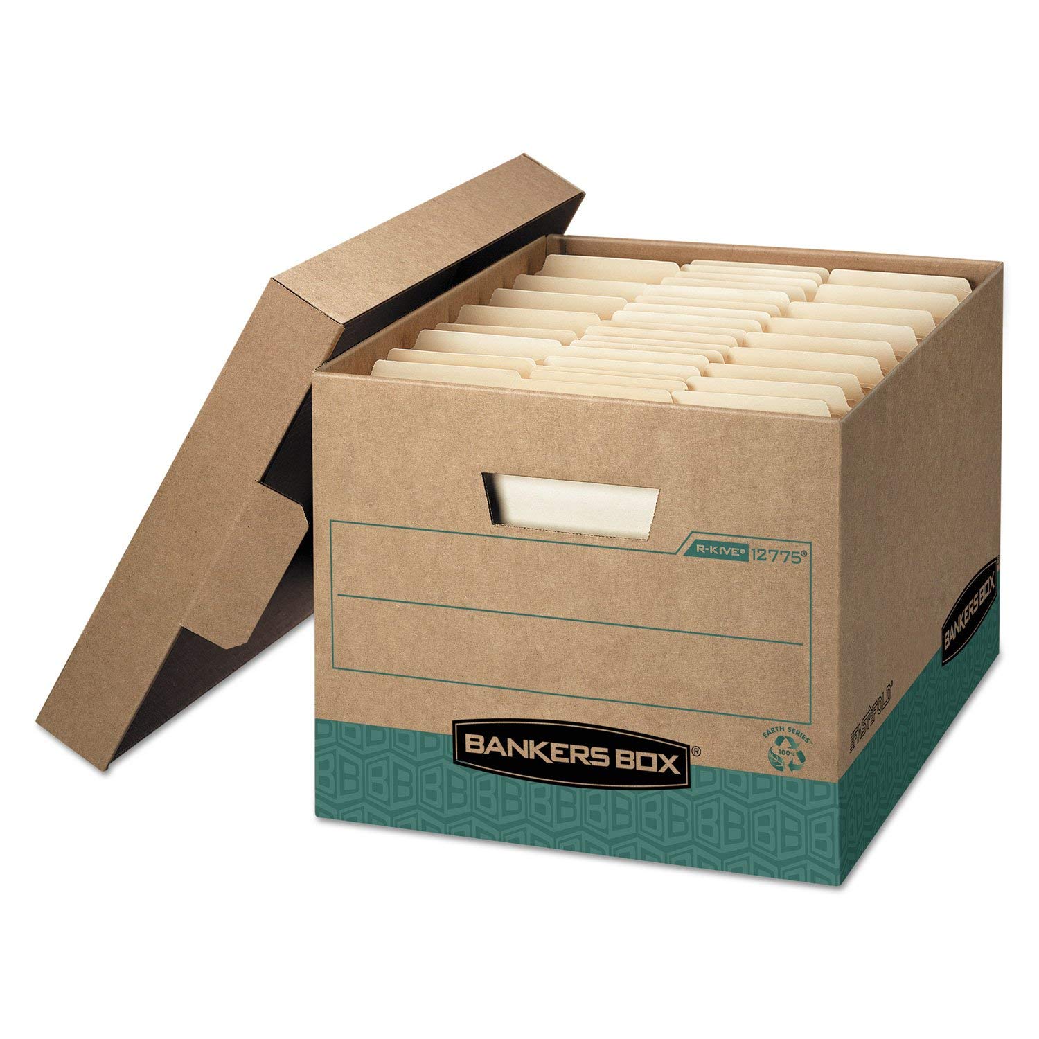 Bankers Box 12775 R-Kive Storage Box - Letter/Legal Size File Organizer with Locking Lift-Off Lid, Kraft/Green, 12-Pack - Perfect for Office Document Storage & Home Organization