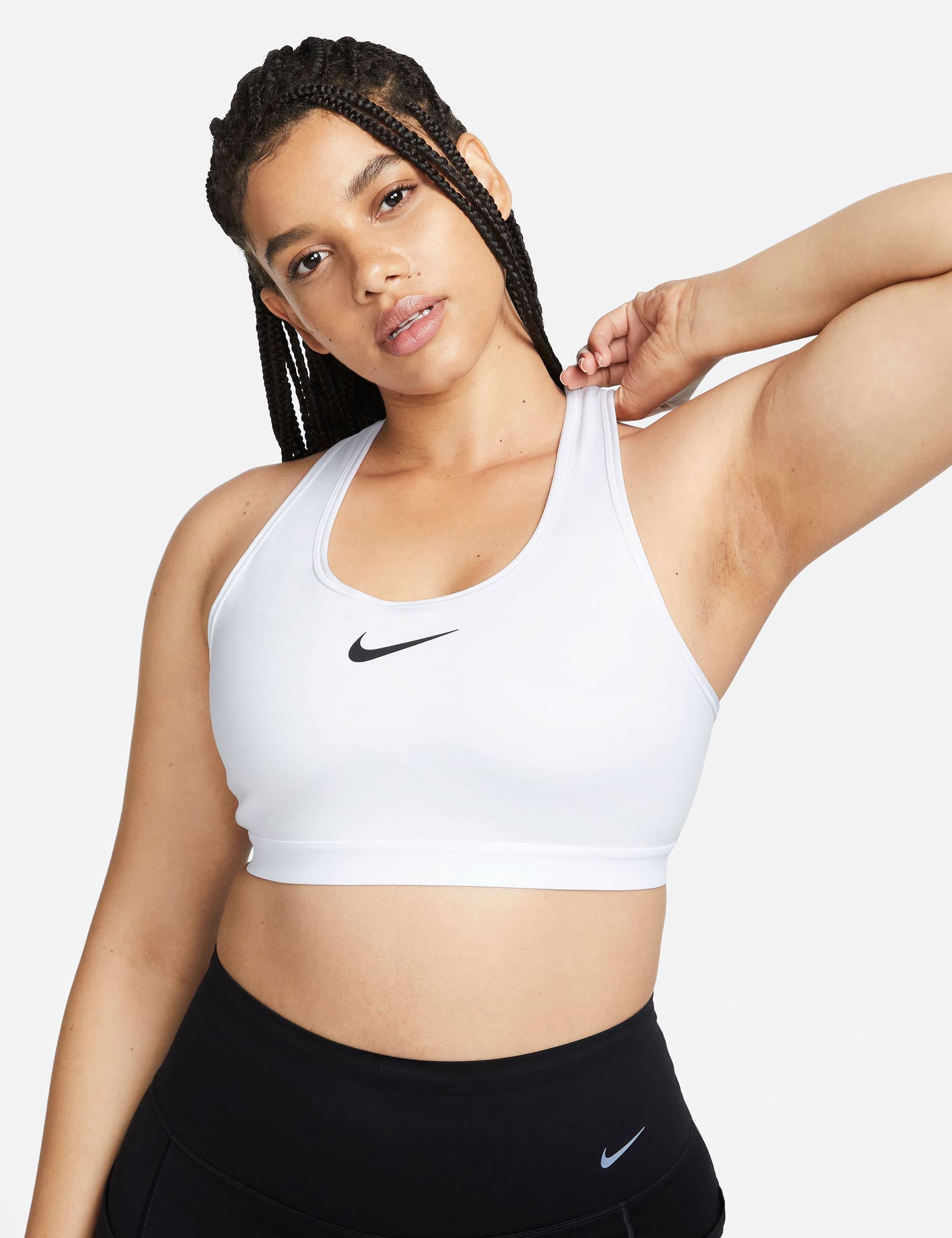 High Support Sports Bra for Women - Breathable & Comfortable White/Black Swoosh Design - Perfect for Running, Yoga & Gym Workouts