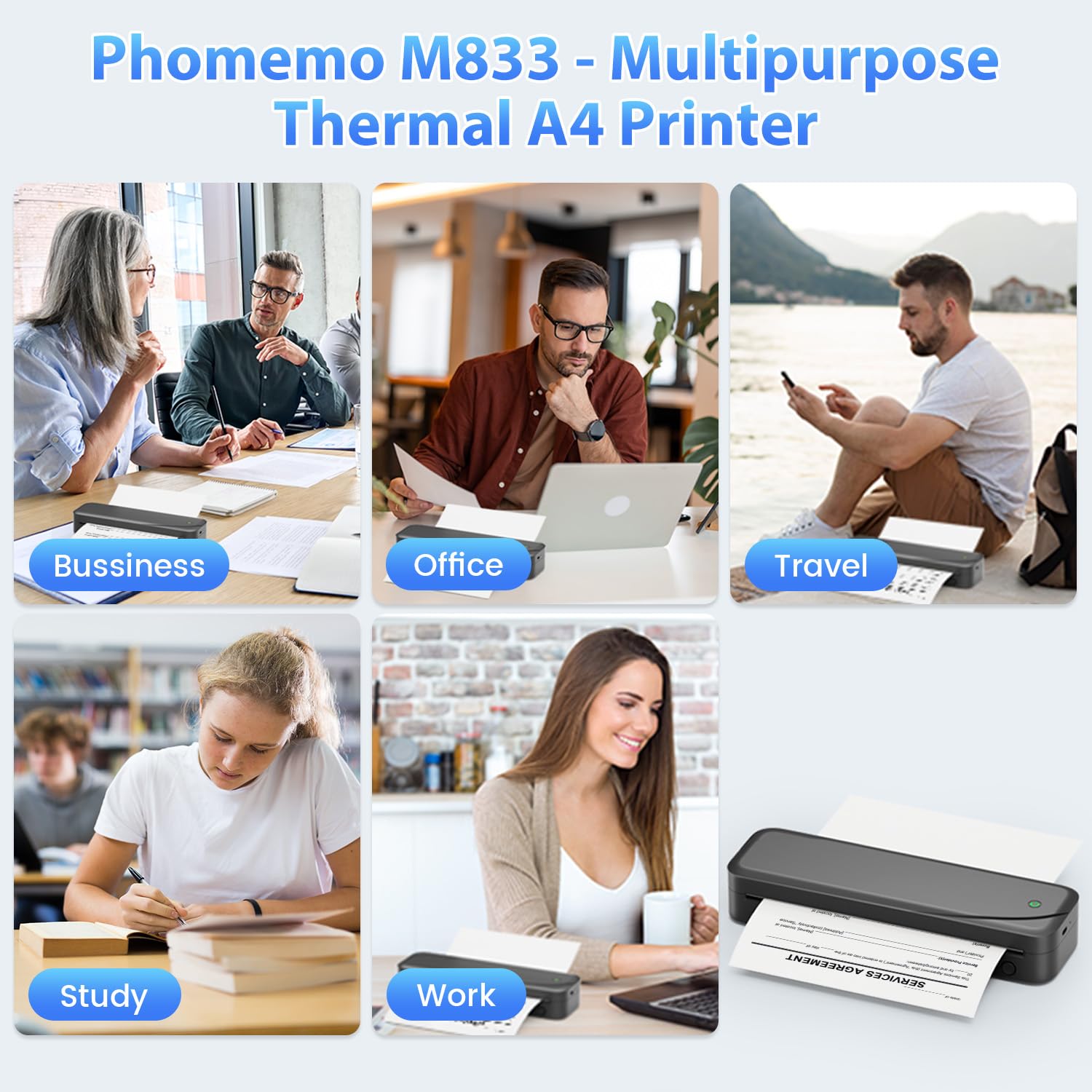 Phomemo M833 Wireless Thermal Printer - 300DPI High Resolution, A4 Portable Printer for Phone & Laptop | Bluetooth Mobile Printer for Business Receipts, Travel Documents, Home Office & On-the-Go Printing (Black)
