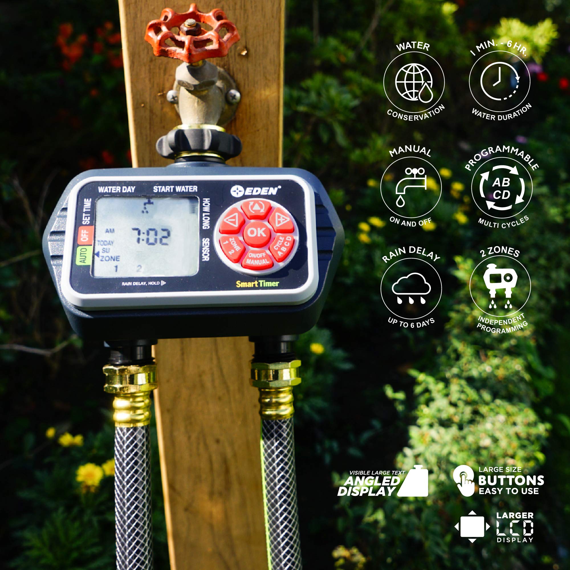 Eden 93412 2-Zone Programmable Digital Water Timer with Wireless Soil Moisture Sensor - Smart Irrigation for Garden, Lawn & Indoor Plants