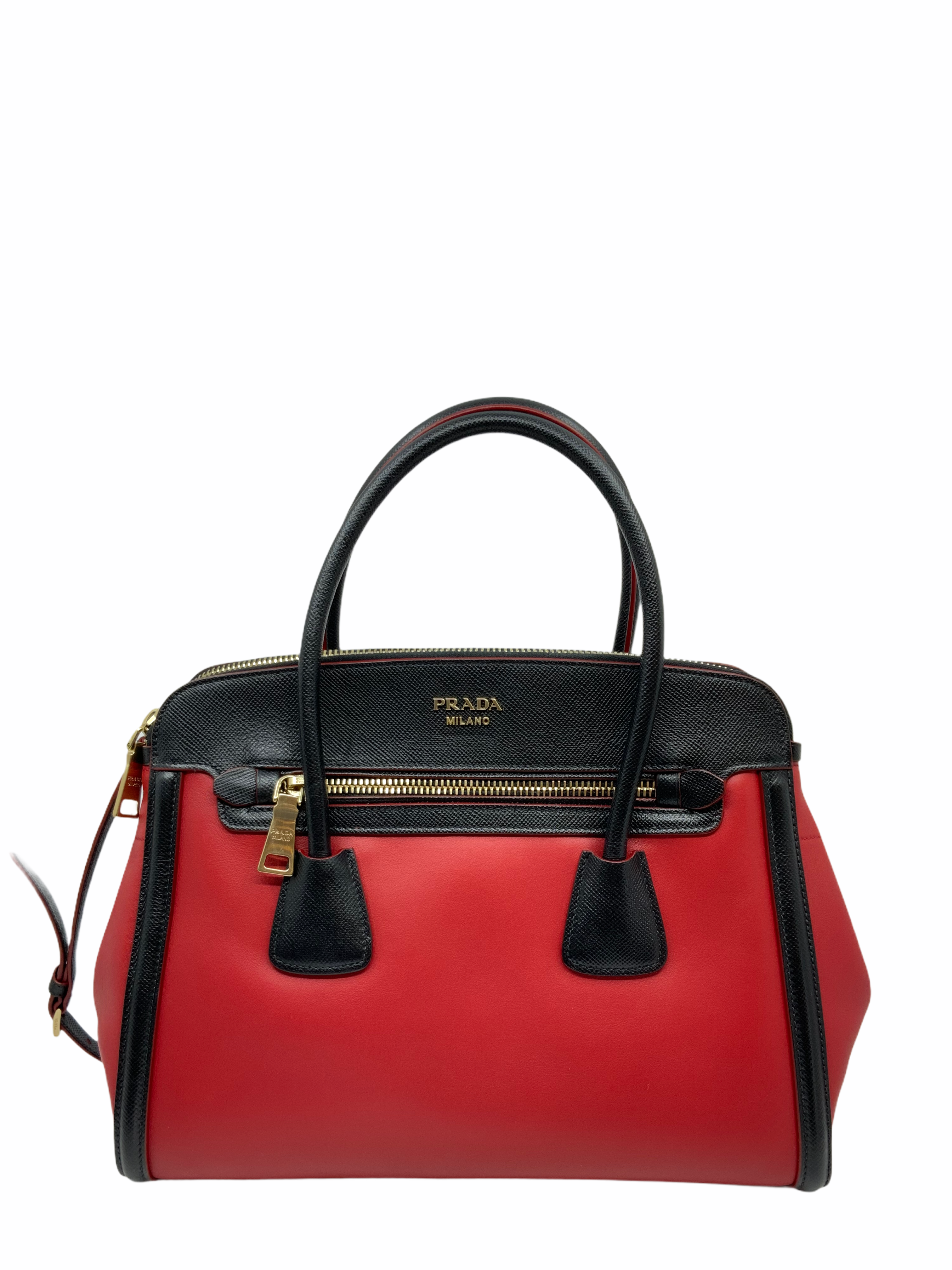 Prada Bi-Color Leather Front Zip Tote Bag with Adjustable Shoulder Strap - Luxury Designer Handbag for Women, Perfect for Work, Travel & Everyday Use