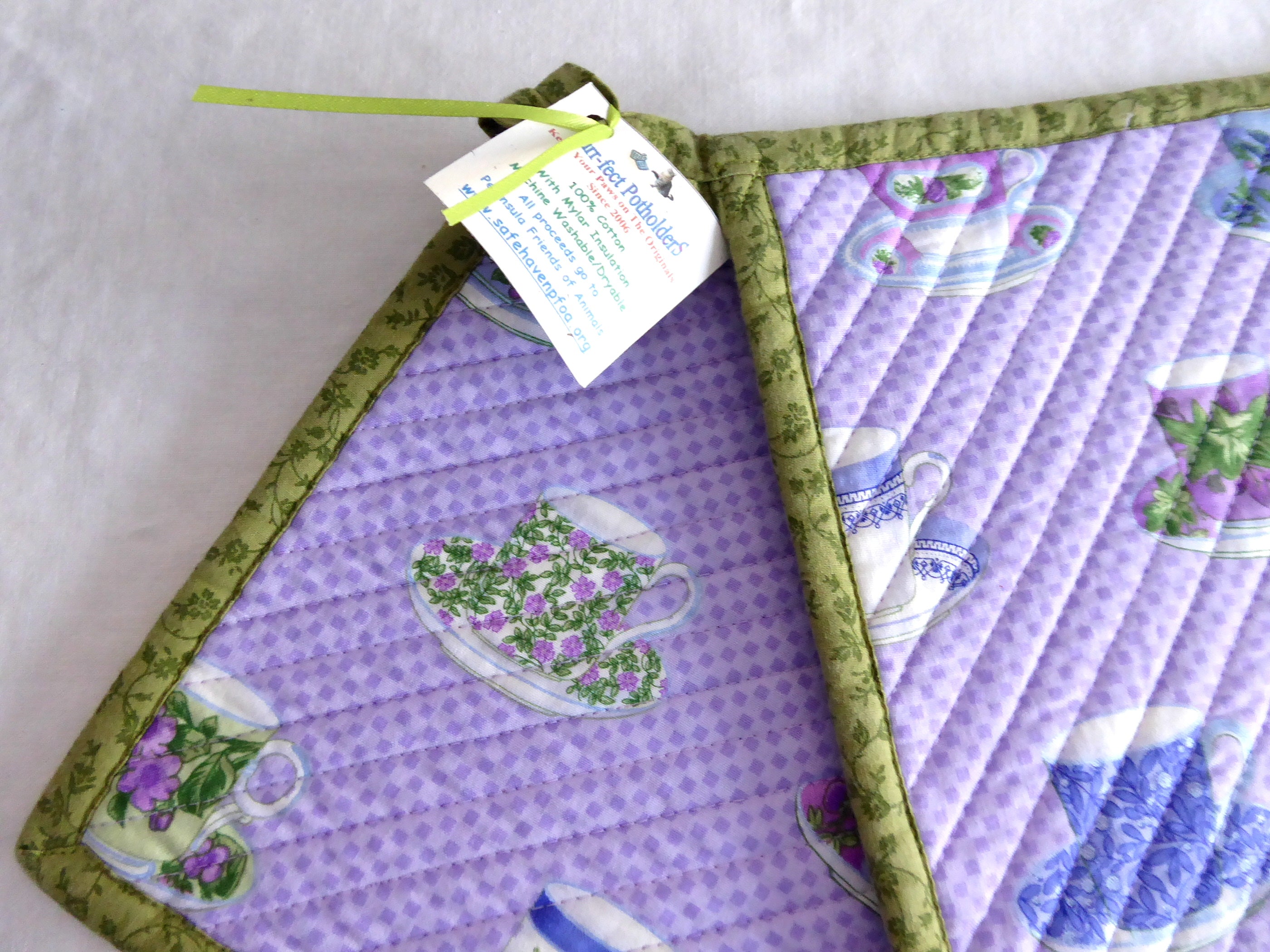 Handmade Purple Teacup Design Potholders with Green Trim - Heat Resistant Kitchen Accessories (Pair) - Supports Animal Charity | Perfect for Baking, Cooking, and Home Decor