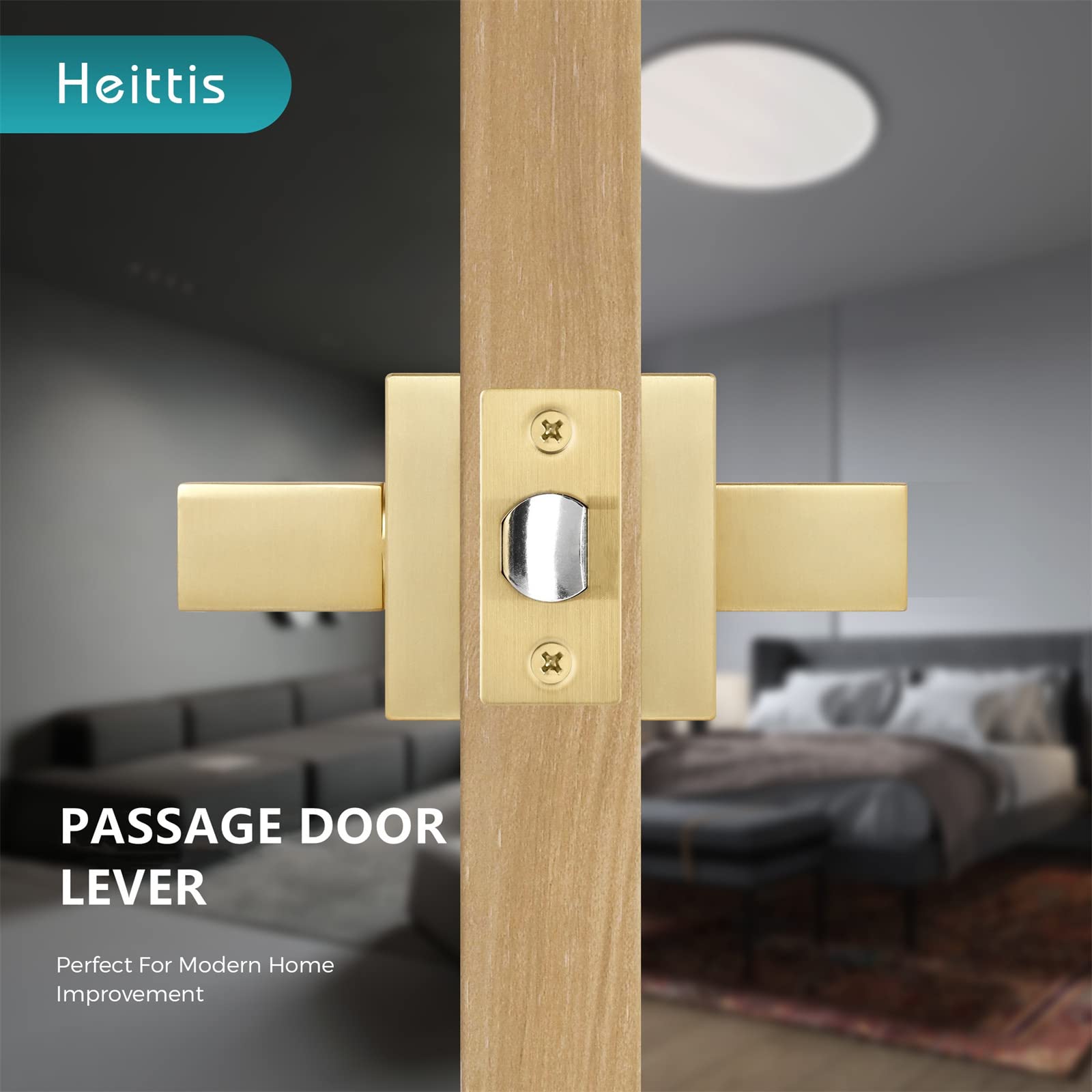 6 Pack Square Gold Passage Door Levers - Stain Brass Contemporary Modern Design for Hall, Closet & Interior Doors | Durable & Stylish Door Handles for Home, Office & Commercial Spaces