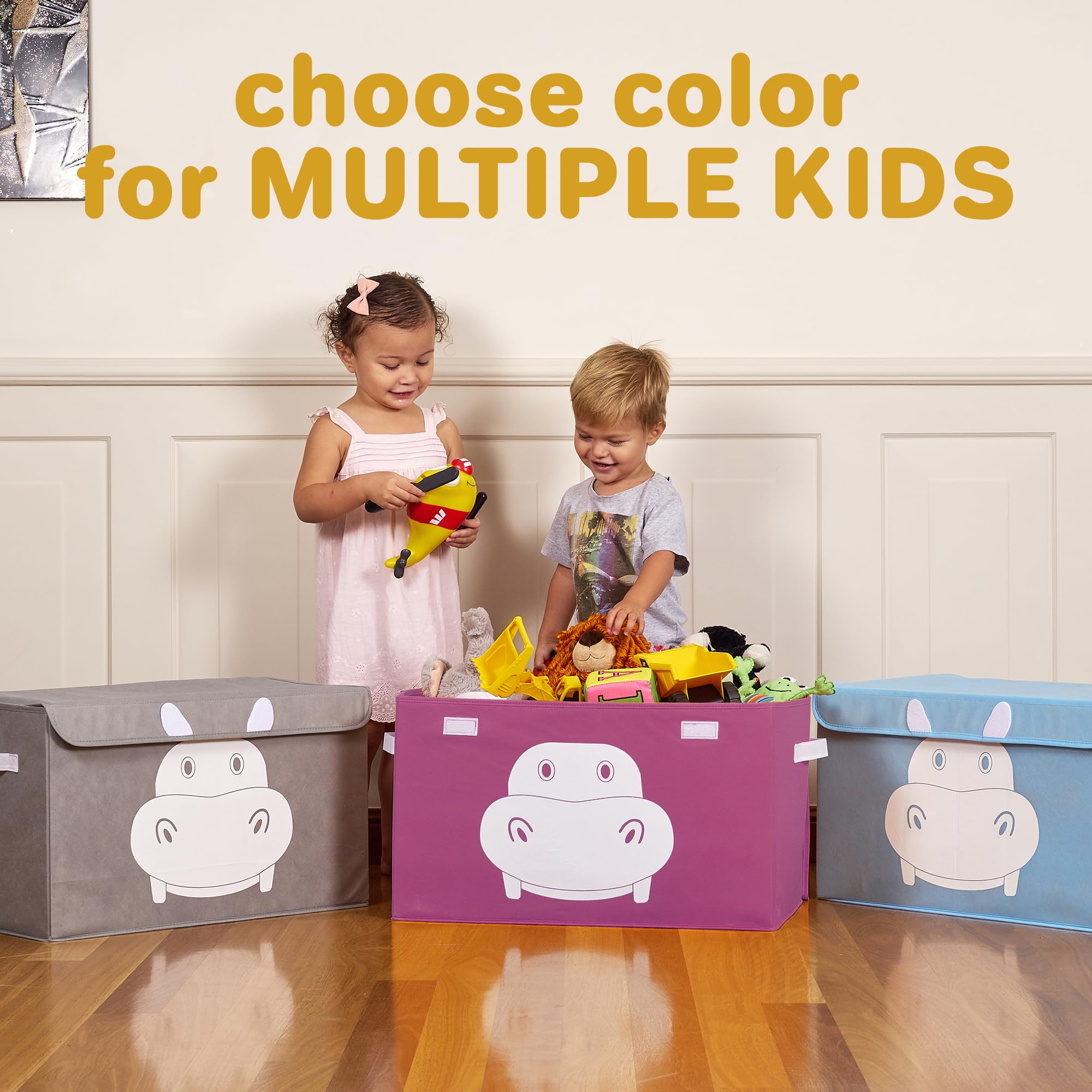QUOKKA 4-Piece Hippo Toy Storage Box Set for Kids - Foldable Fabric Toy Organizer with Handles & Flip Top Lids (16