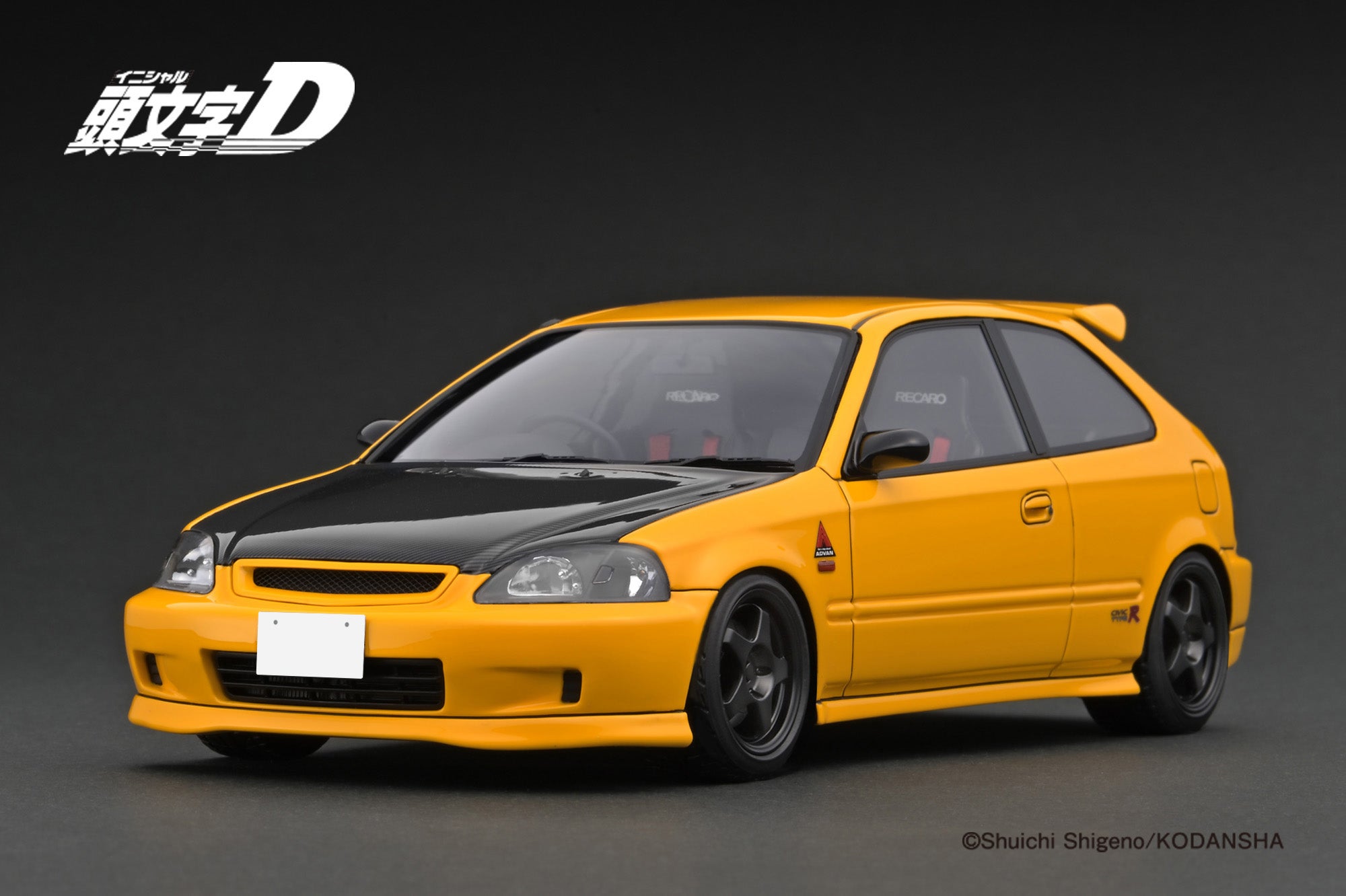1:18 Scale Honda Civic EK9 Type R Yellow Initial D Model Car with Carbon Fiber Hood - Perfect for Collectors, Anime Fans, and Car Enthusiasts