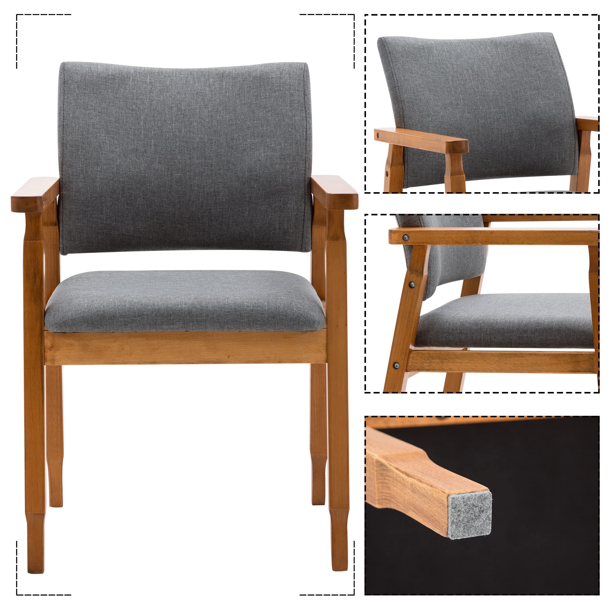 Set of 4 Mid Century Modern Walnut Dining Chairs with Grey Fabric Upholstery - Solid Wood Arm Chairs for Kitchen, Dining Room, Cafe & Living Room Decor - Perfect for Home, Office and Restaurant Seating
