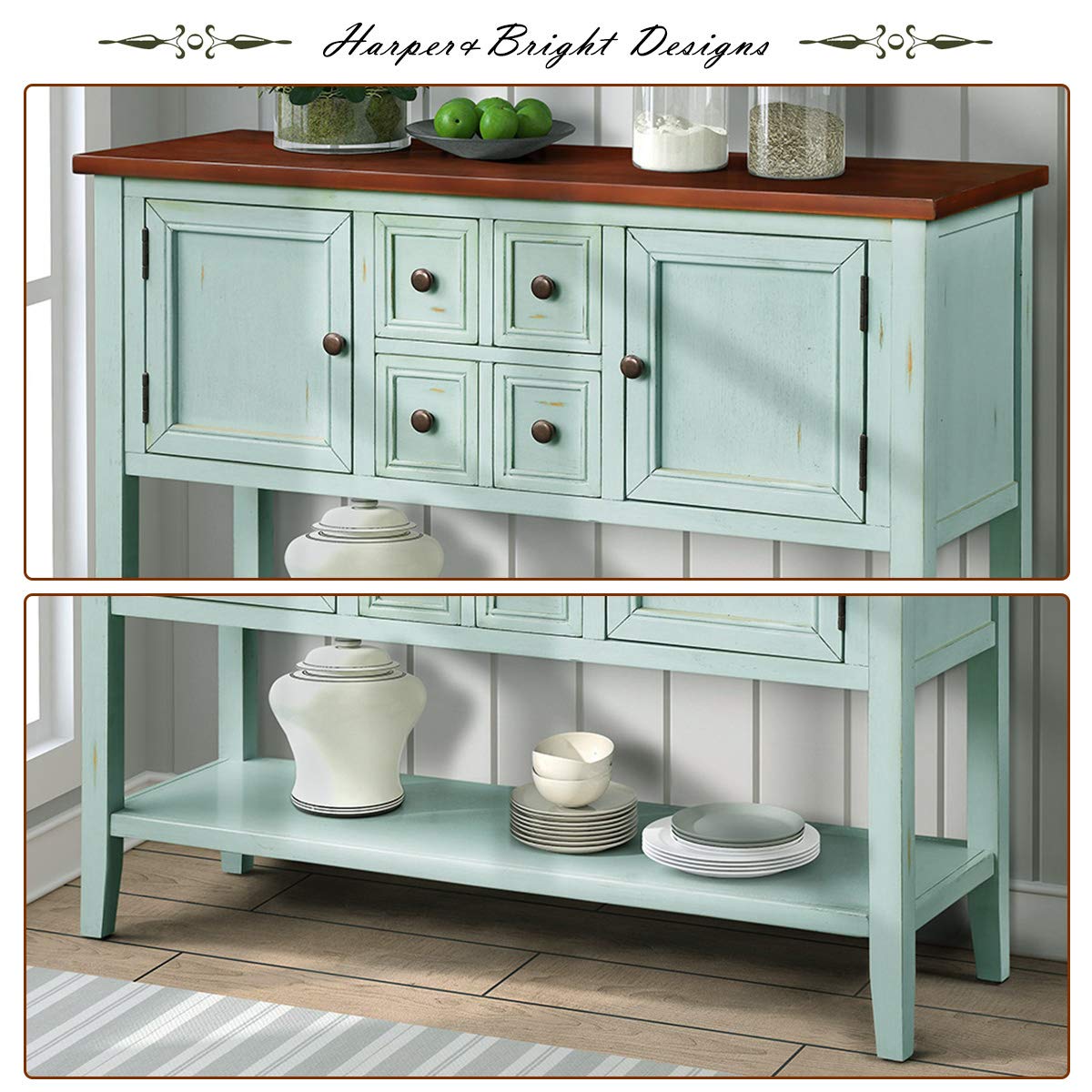 Danxee Antique Blue Wood Buffet Storage Cabinet Console Table with 4 Drawers & Shelves - Kitchen, Dining Room & Living Room Furniture for Home Organization & Stylish Storage