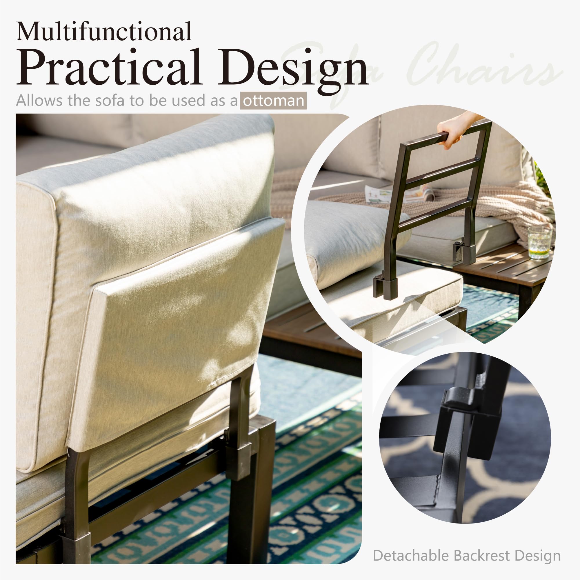 6-Piece Outdoor Patio Furniture Set - Metal Sectional Sofa with 2 Single Chairs, Loveseat, Coffee Table & Side Table (Beige Grey) - Perfect for Backyard, Garden, Poolside & Patio Relaxation