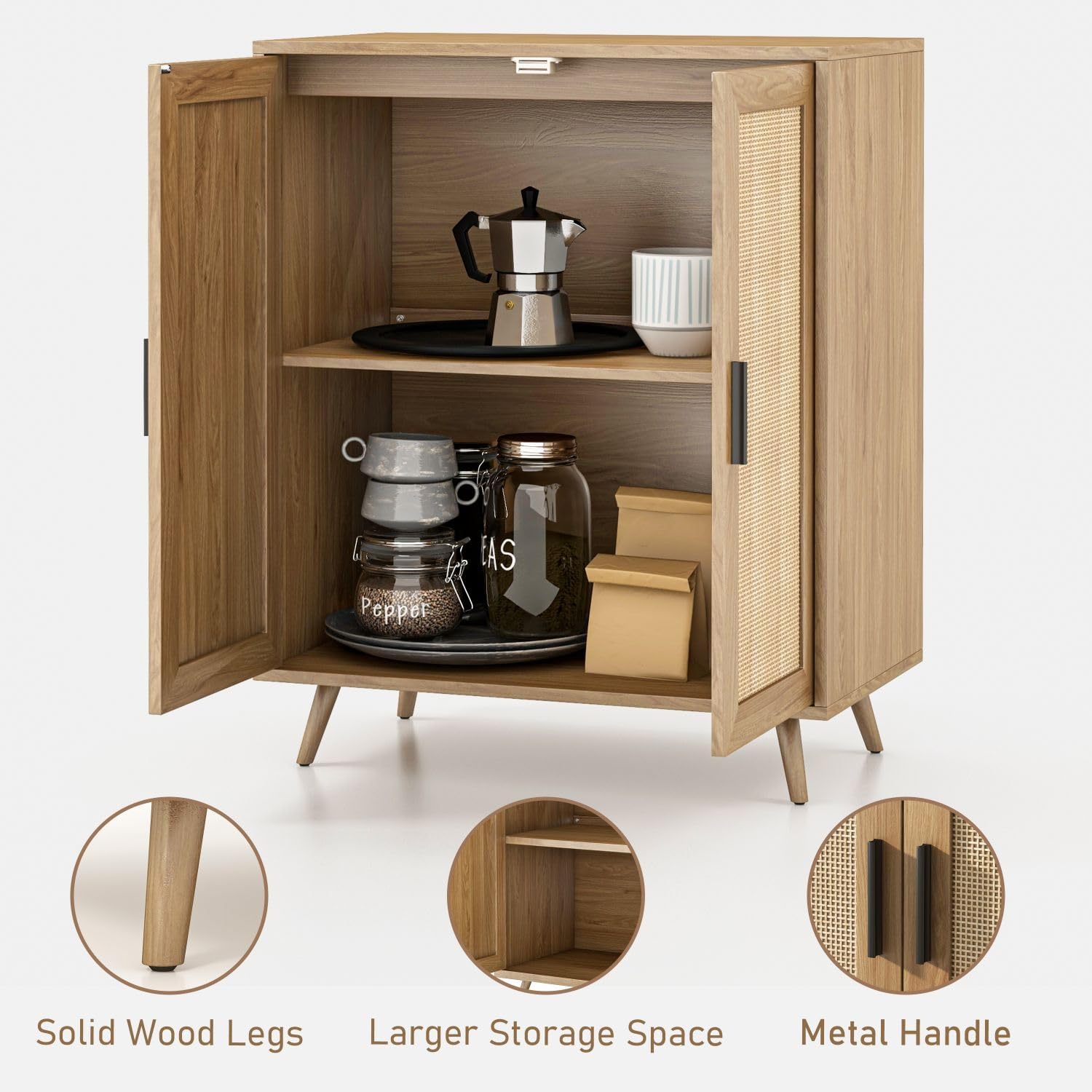 Xilingol Rattan Storage Cabinet - Buffet Sideboard with Woven Rattan Doors & Solid Pine Wood Feet - Entryway, Hallway, Living Room Accent Furniture - Perfect for Farmhouse, Coastal, or Boho Home Decor
