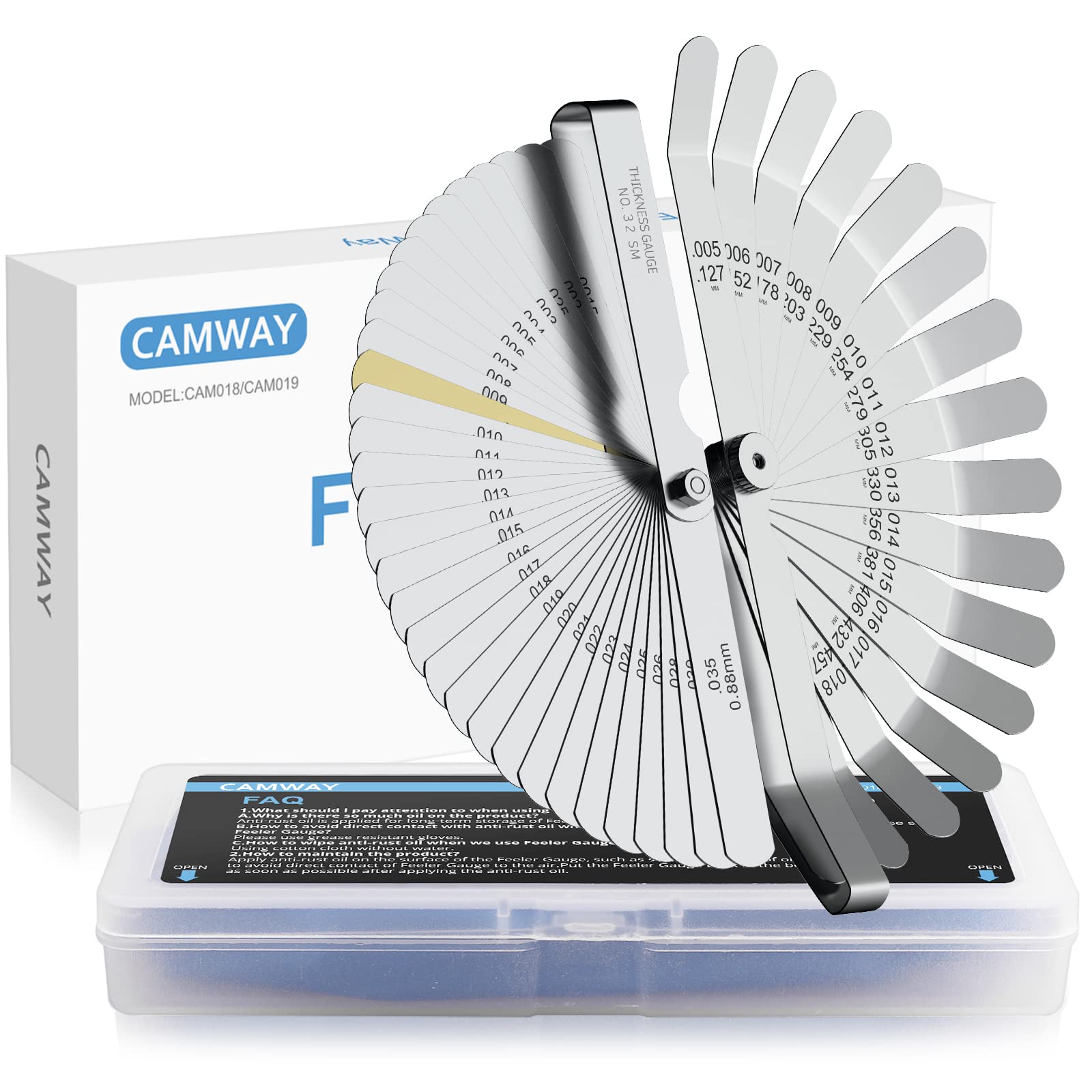 CAMWAY 32-Blade Feeler Gauge Set - Metric & Inch Dual Measurement Gap Tool with Straight & 45° Offset Blades for Valve, Spark Plug, Automotive, and Machinery Gap Measurement | Precision Engineering & DIY Repair Tool Kit