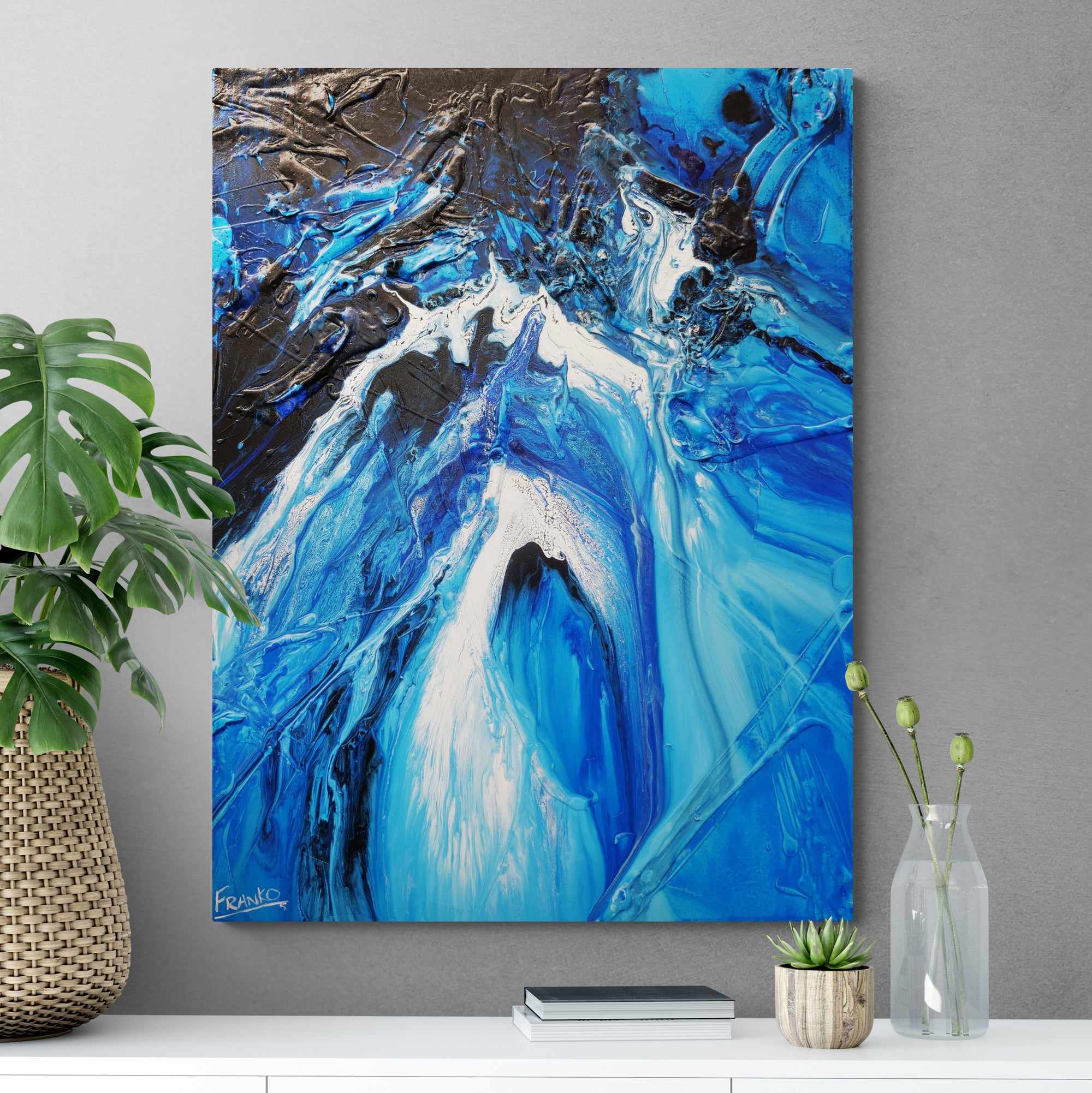 Midnight Blue 75cm x 100cm Textured Abstract Wall Art Painting - Blue and White Modern Canvas Art for Living Room, Bedroom, Office Decor