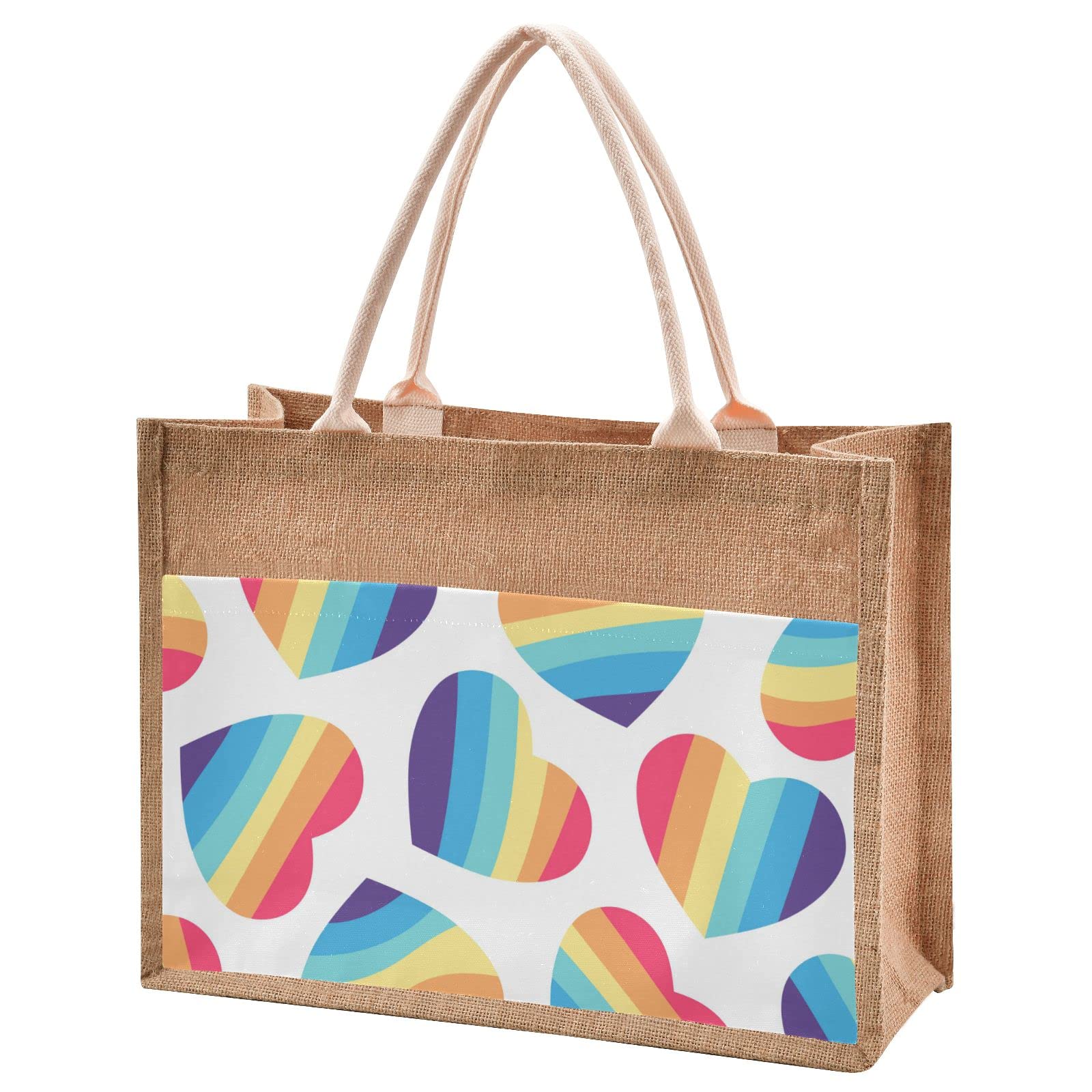 LGBT Heart Tote Bag with Zipper - Reusable Jute Grocery Handbag for Women in 4 Sizes | Eco-Friendly Shopping, Beach & Daily Use