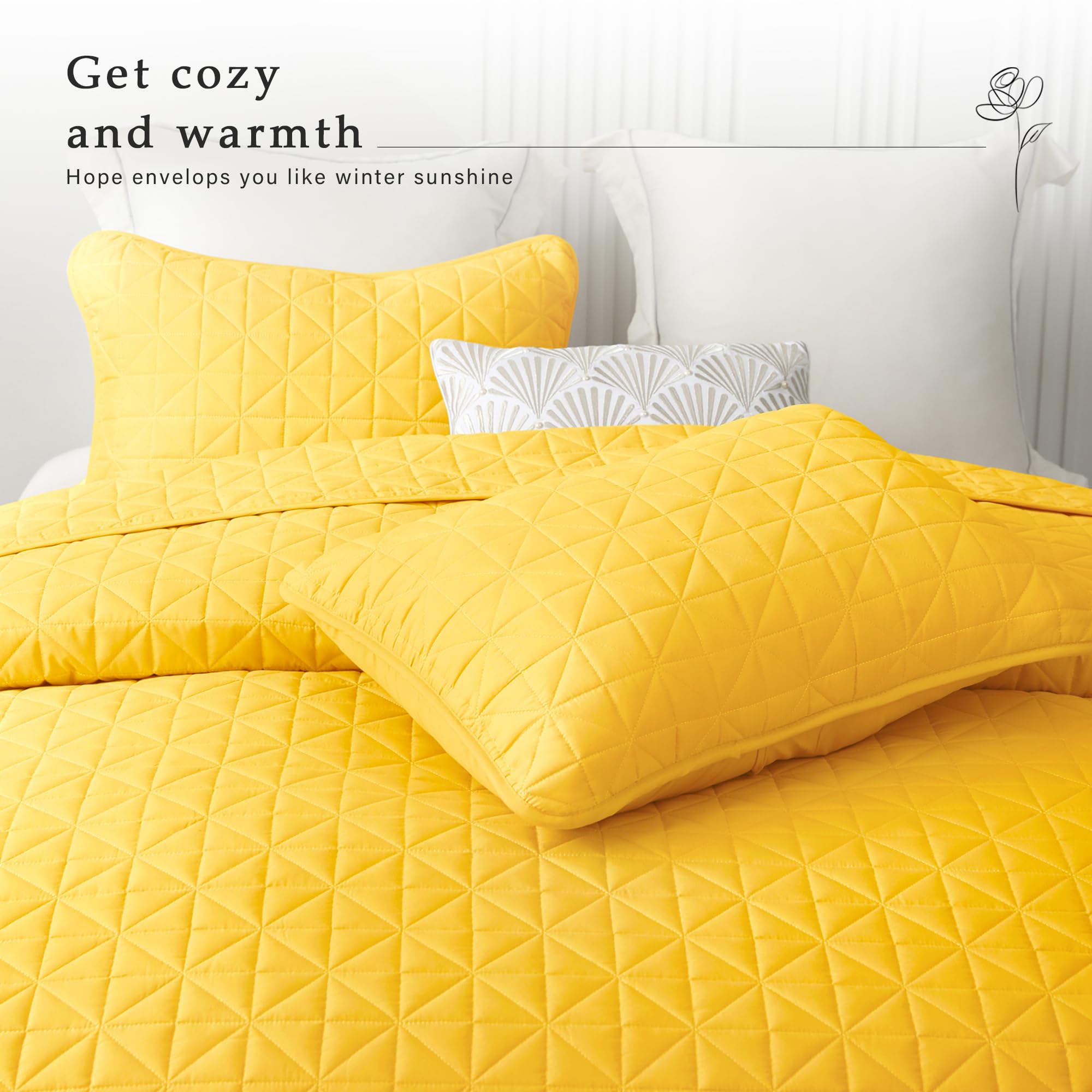 Exclusive Stitched Grid Pattern King Size Quilt Set - Lightweight Yellow Bedspread & 2 Pillow Shams, All Seasons Bedding Cover | Perfect for Master Bedroom, Guest Room & Cozy Home Decor