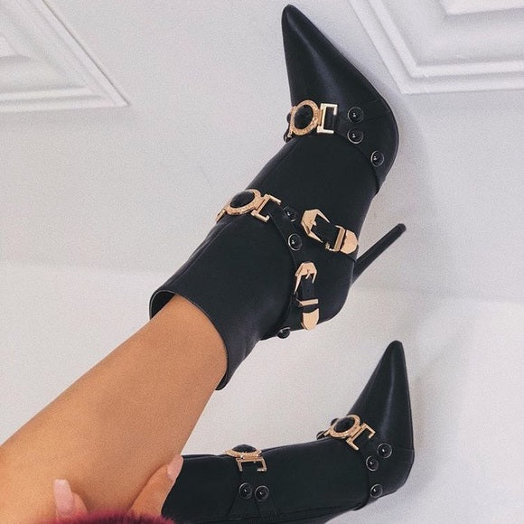 Stylish Black Pointy Toe Belted Ankle Boots for Women - Perfect for Office, Party & Night Out Fashion