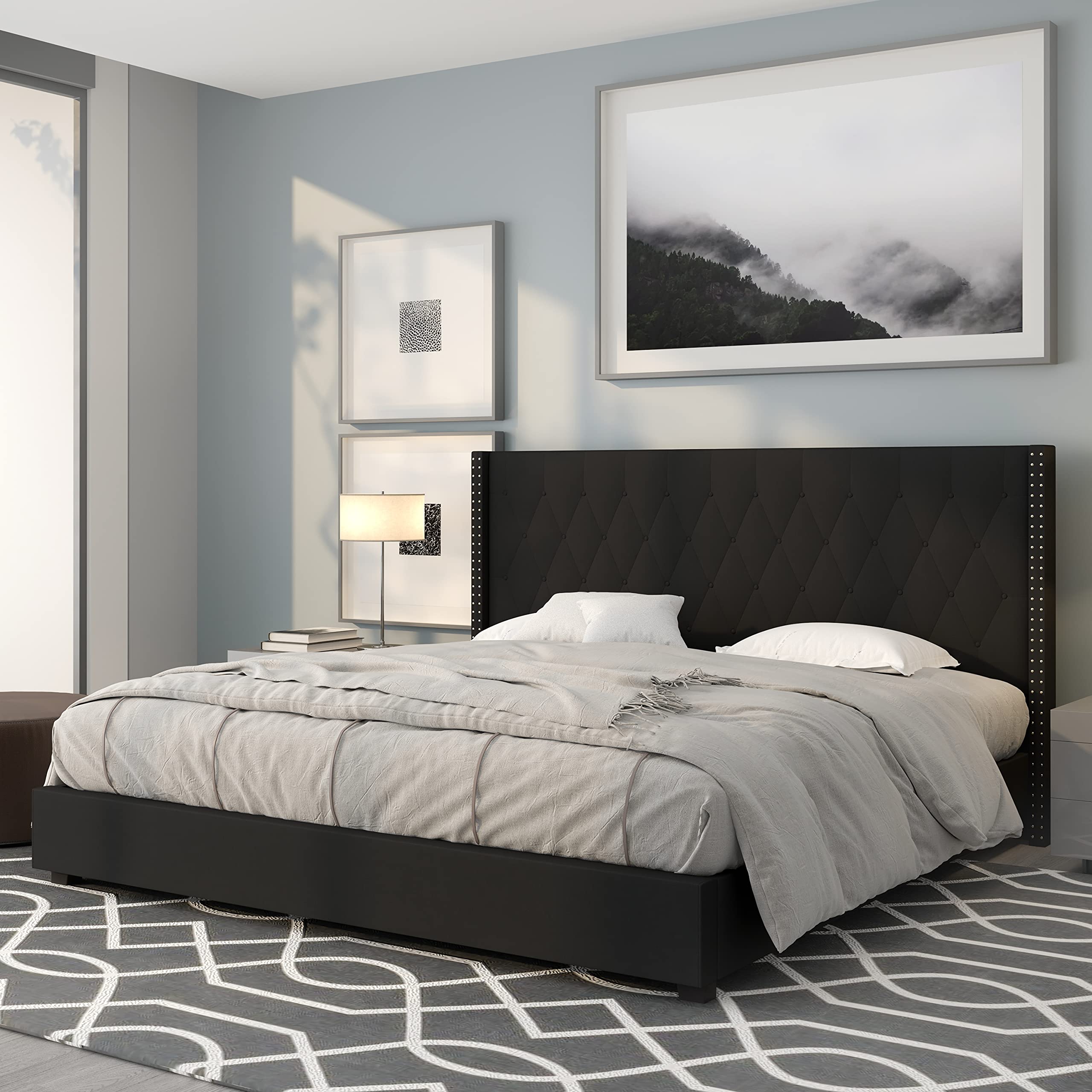 King Accent Extended Panel Platform Bed Frame - Black Fabric Upholstered Queen Size for Modern Bedroom & Guest Room