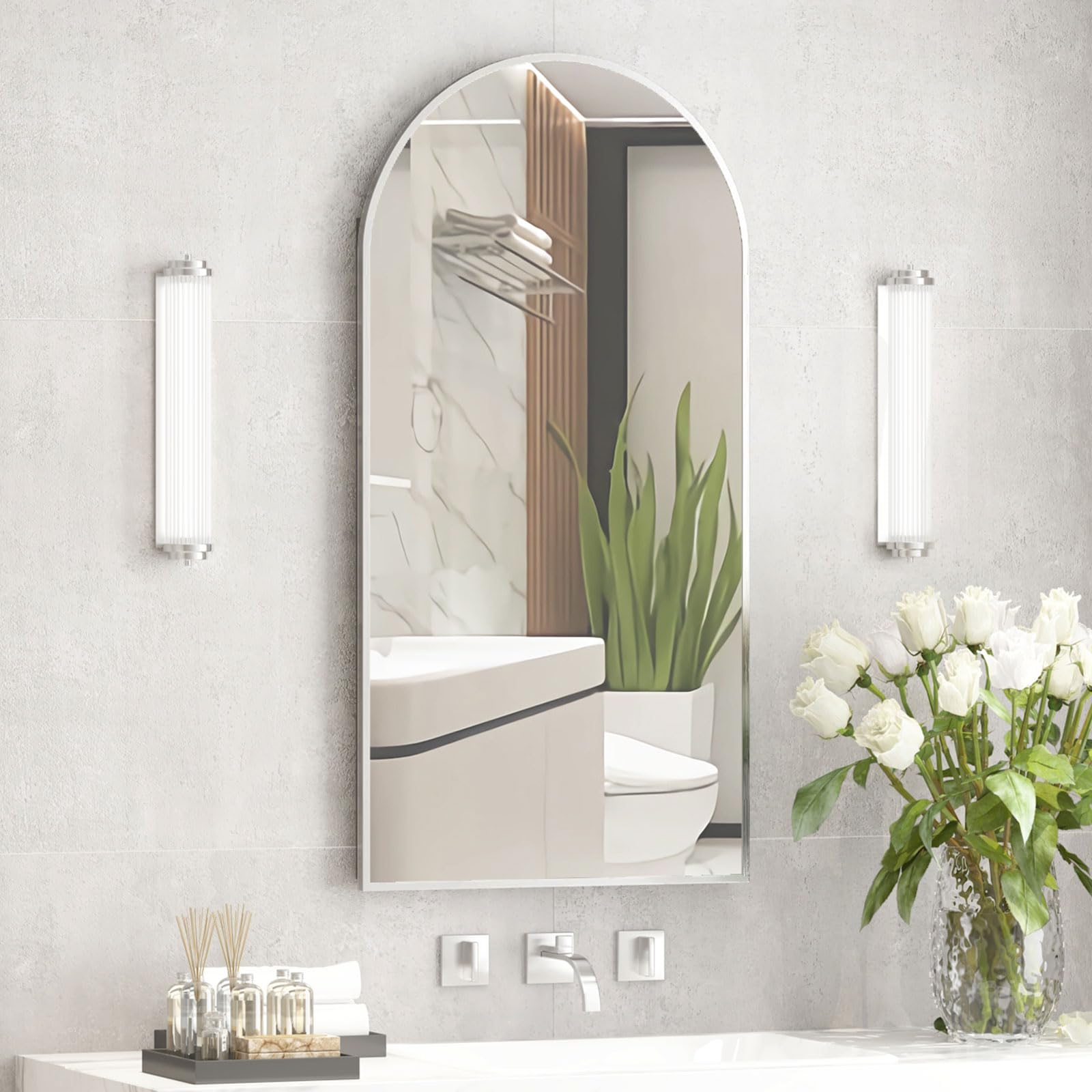 Arched Recessed Medicine Cabinet with Mirror - Brushed Nickel Bathroom Storage Cabinet, 16x31 Inch - Perfect for Small Bathrooms & Vanity Spaces