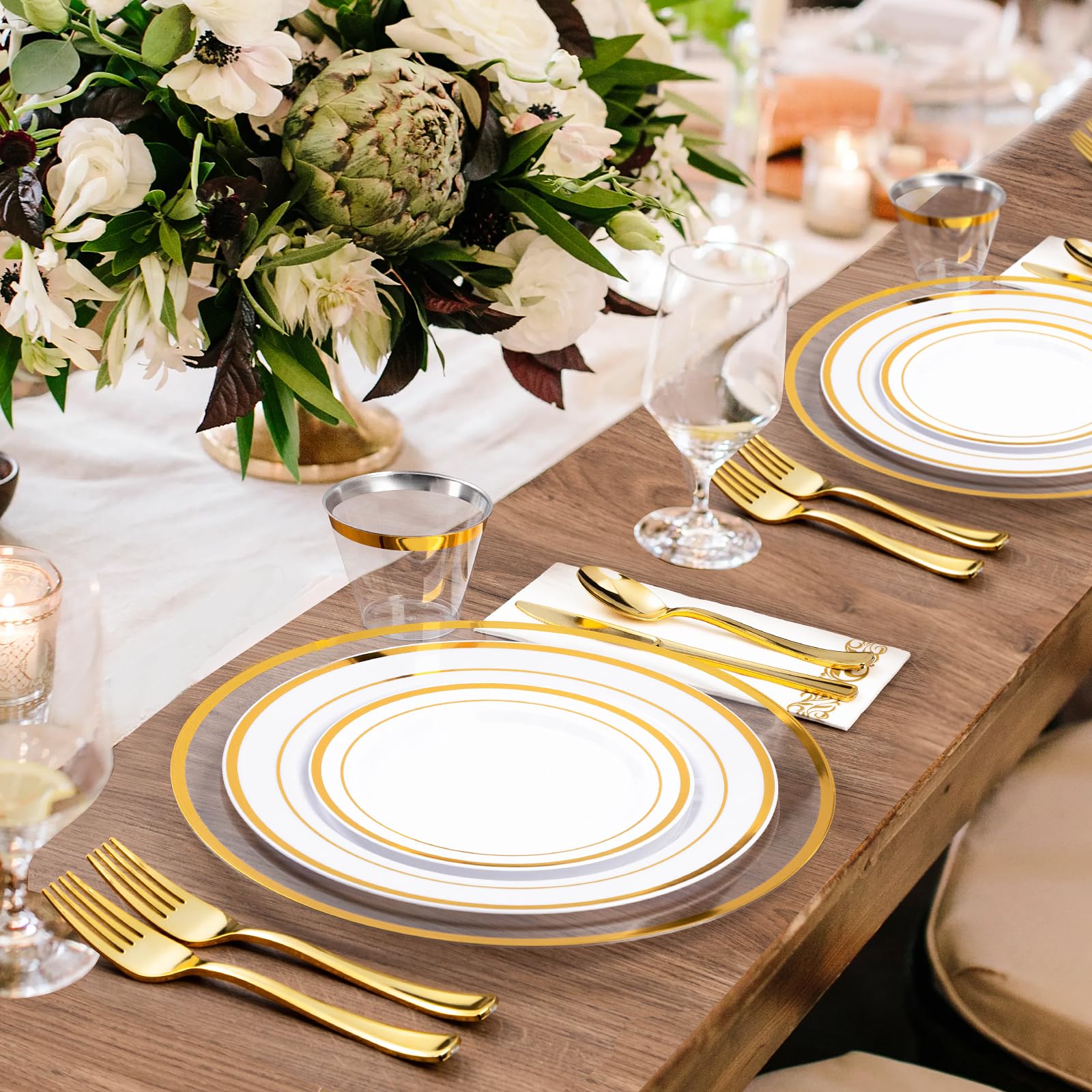 Goodluck 12 Inch Gold Charger Plates - 50 Pack Disposable Plastic Dinner Plates with Elegant Gold Trim for Weddings, Parties & New Year Celebrations - Perfect for Formal Dining, Buffet Service & Special Events