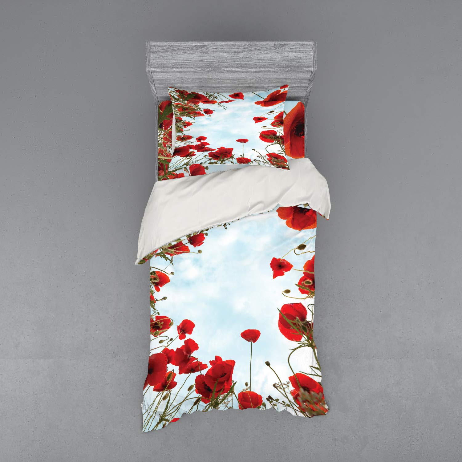 Ambesonne Poppy Flower Duvet Cover Set - 3 Piece Twin Size Bedding with Sham & Fitted Sheet, Vibrant Vermilion & Pale Blue Meadow Print - Perfect for Spring Bedroom Decor & Cozy Farmhouse Style